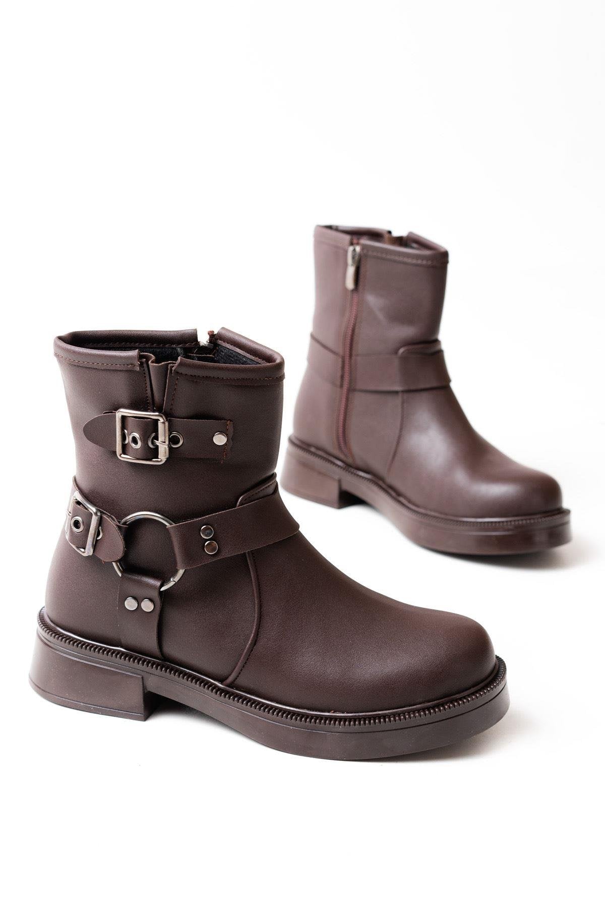 Brown Buckle Accessory Zippered Daily Women's Boots