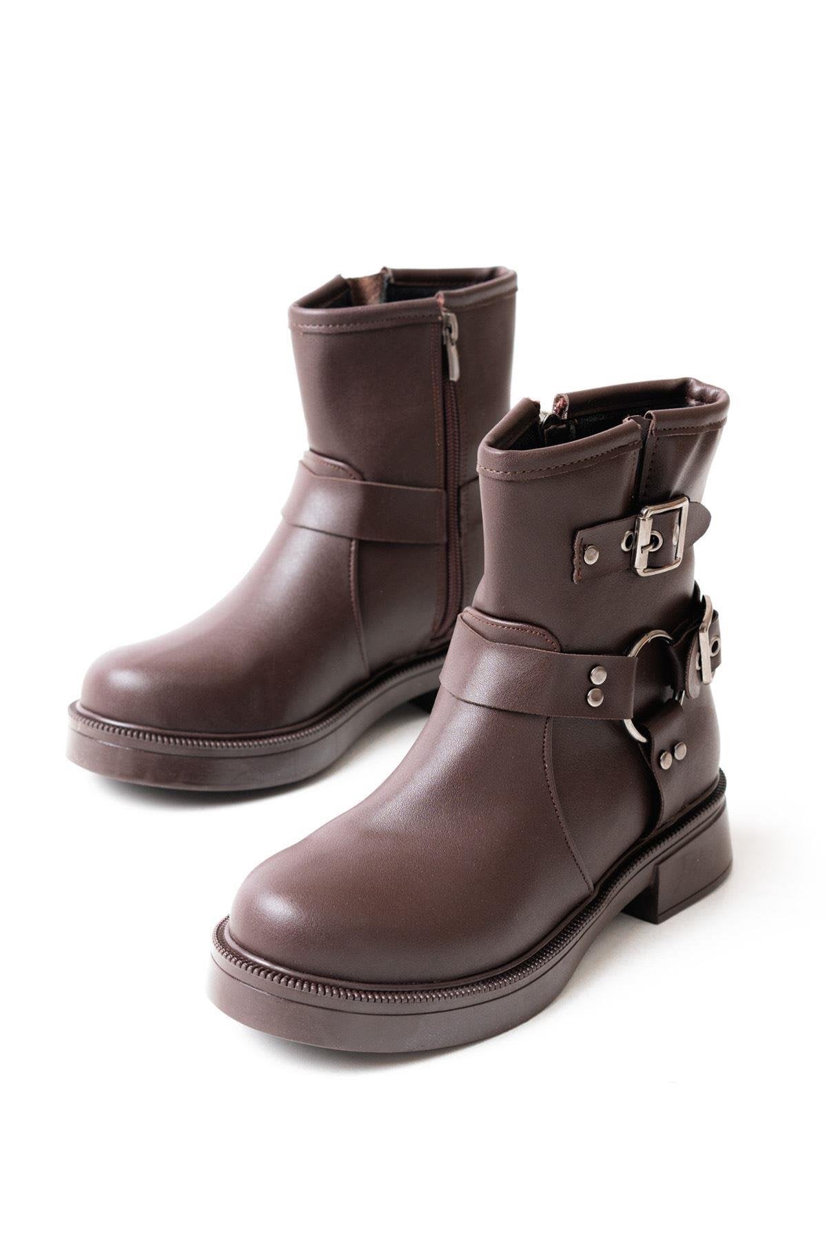 Brown Buckle Accessory Zippered Daily Women's Boots