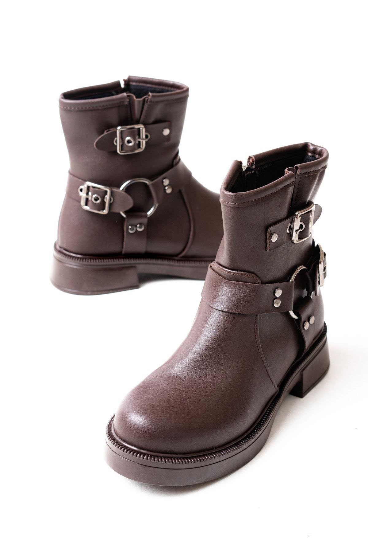 Brown Buckle Accessory Zippered Daily Women's Boots