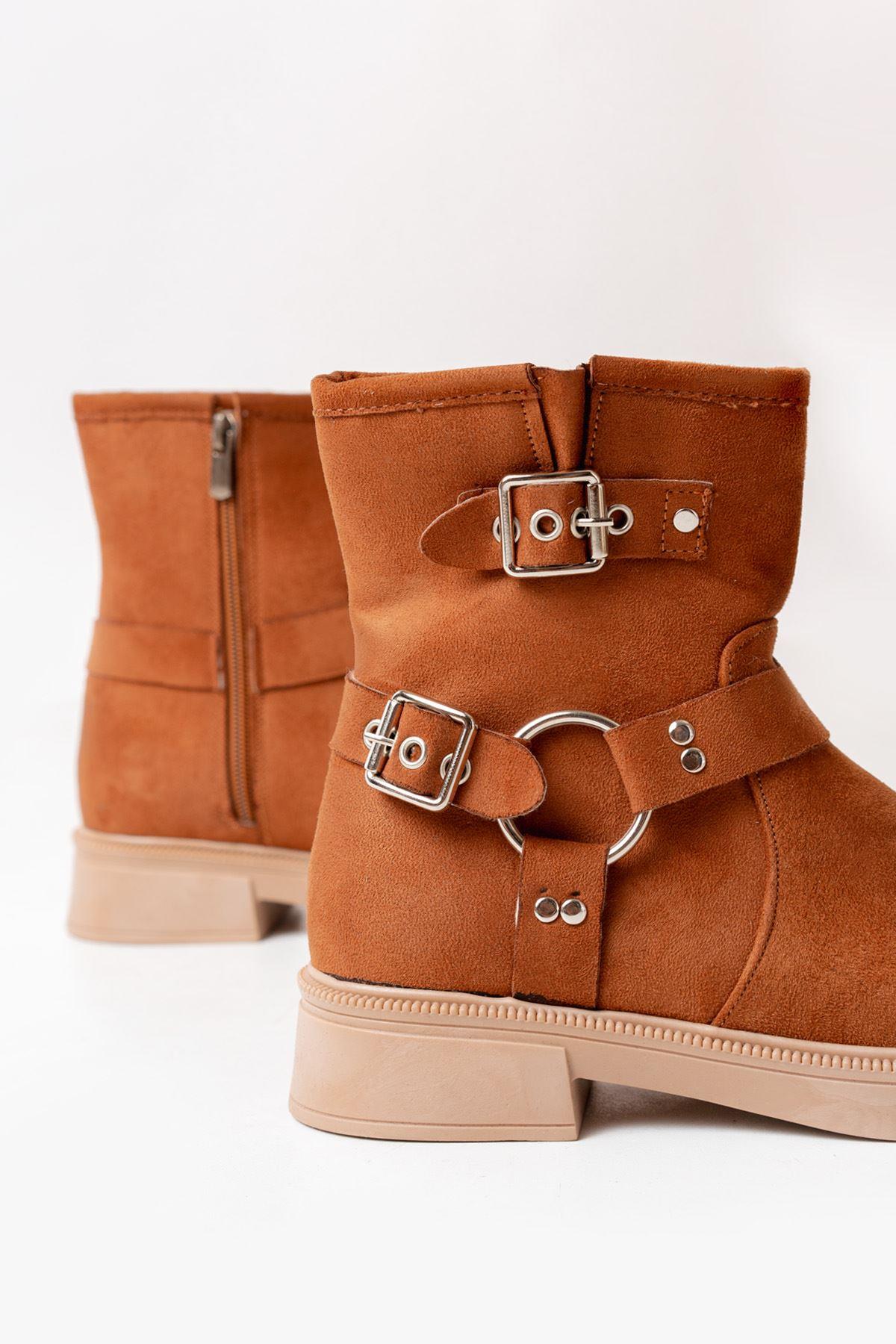 Tan Buckle Accessory Zippered Daily Women's Boots