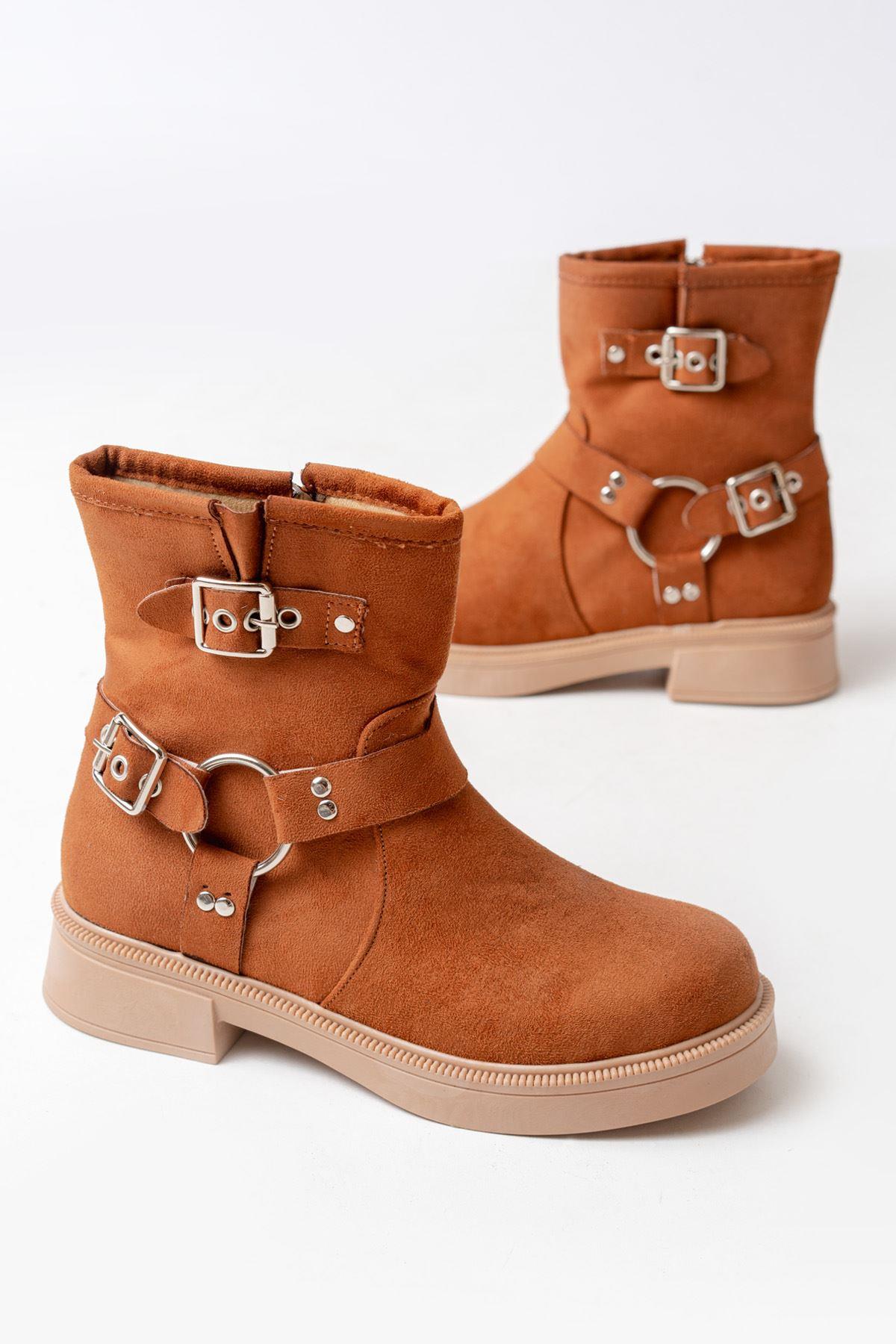 Tan Buckle Accessory Zippered Daily Women's Boots