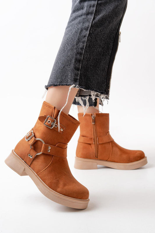 Tan Buckle Accessory Zippered Daily Women's Boots