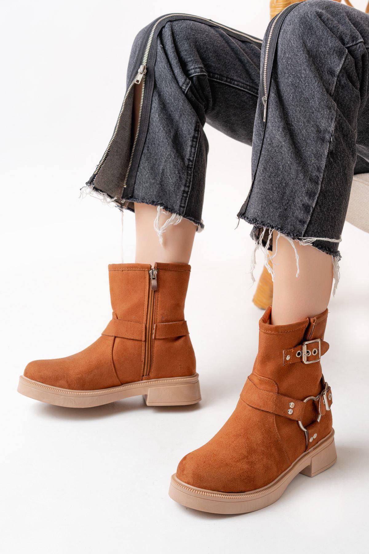 Tan Buckle Accessory Zippered Daily Women's Boots