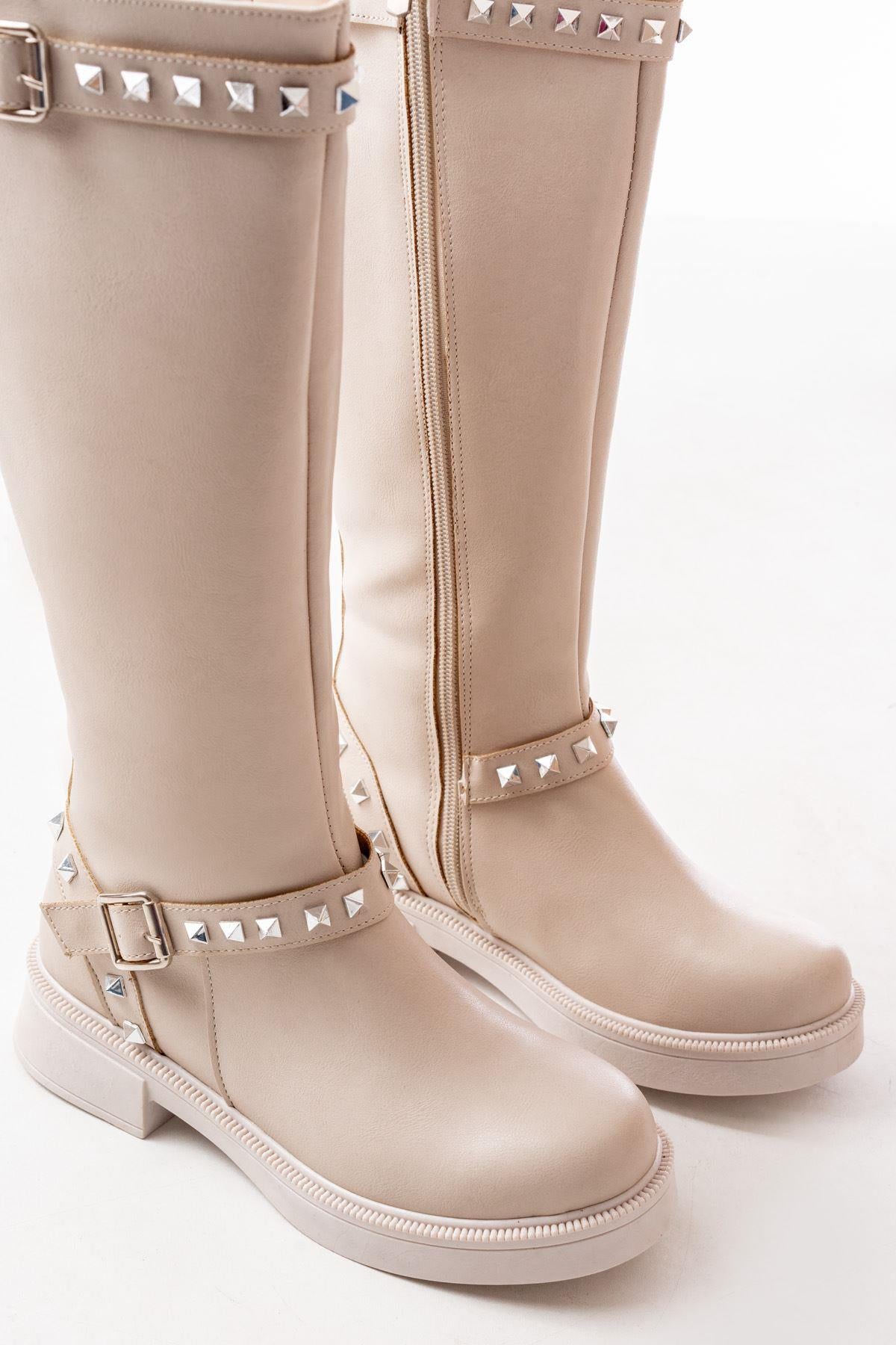 Beige Leather Flat Heeled Daily Women's Riding Boots