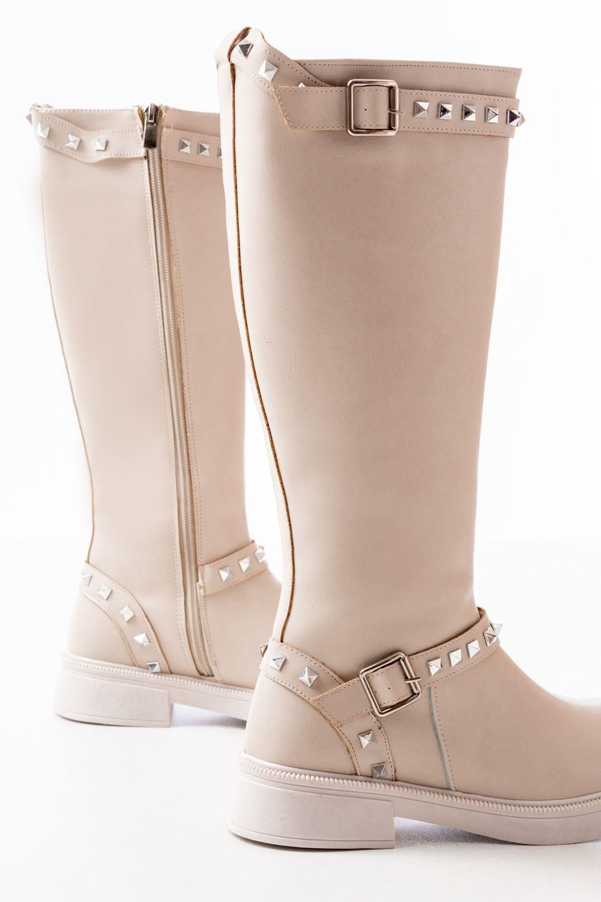 Beige Leather Flat Heeled Daily Women's Riding Boots