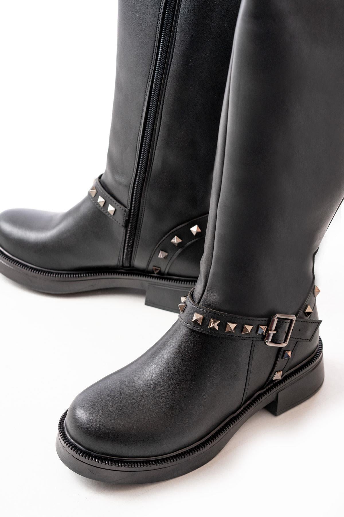 Black Leather Flat Heeled Daily Women's Riding Boots