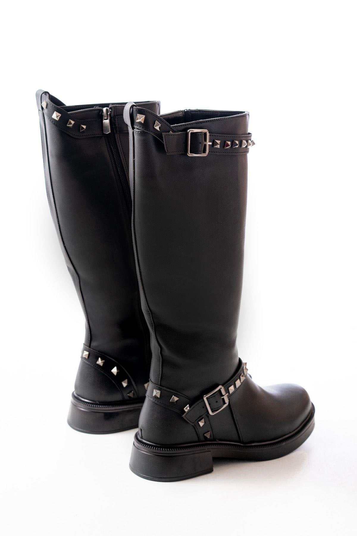 Black Leather Flat Heeled Daily Women's Riding Boots