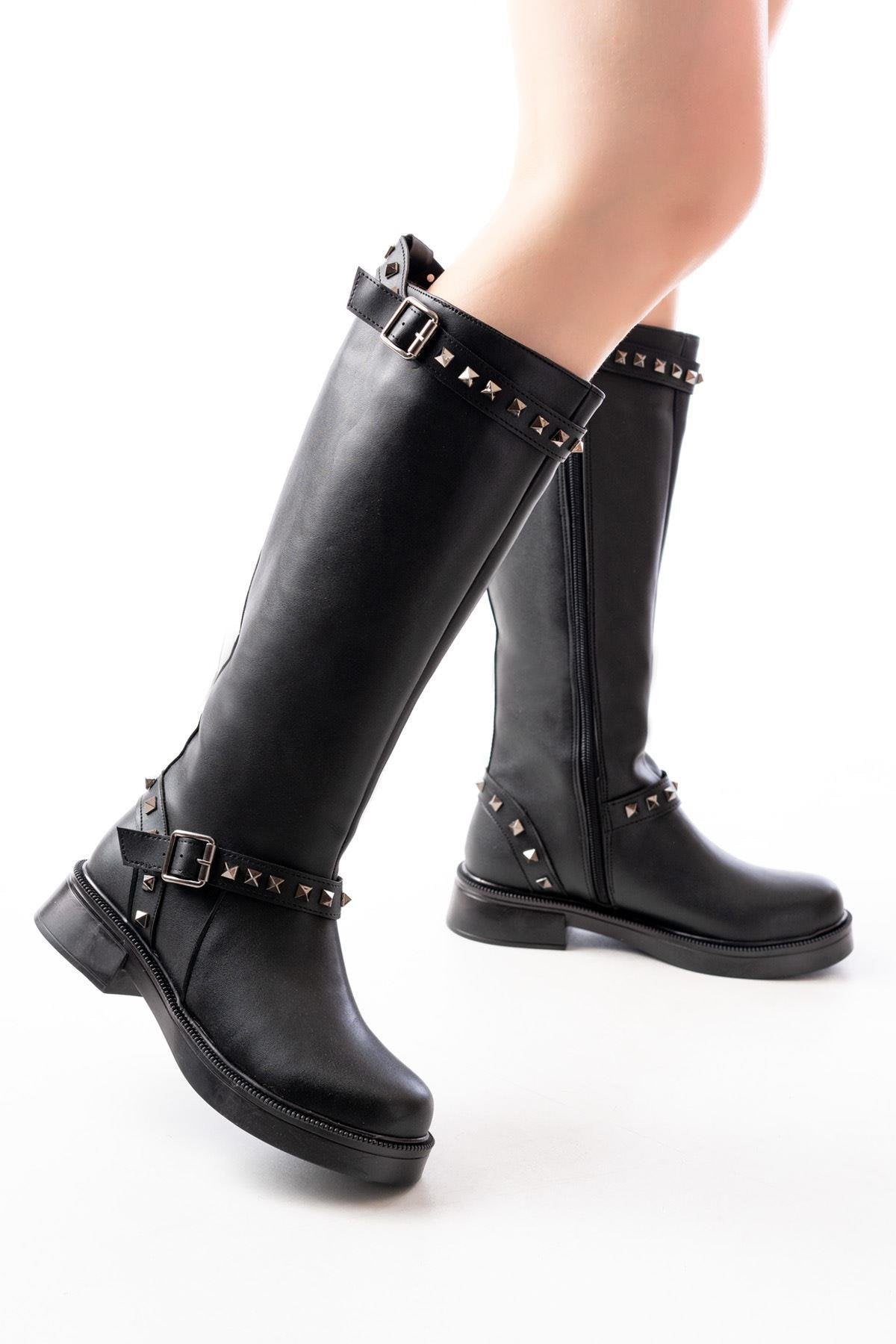 Black Leather Flat Heeled Daily Women's Riding Boots