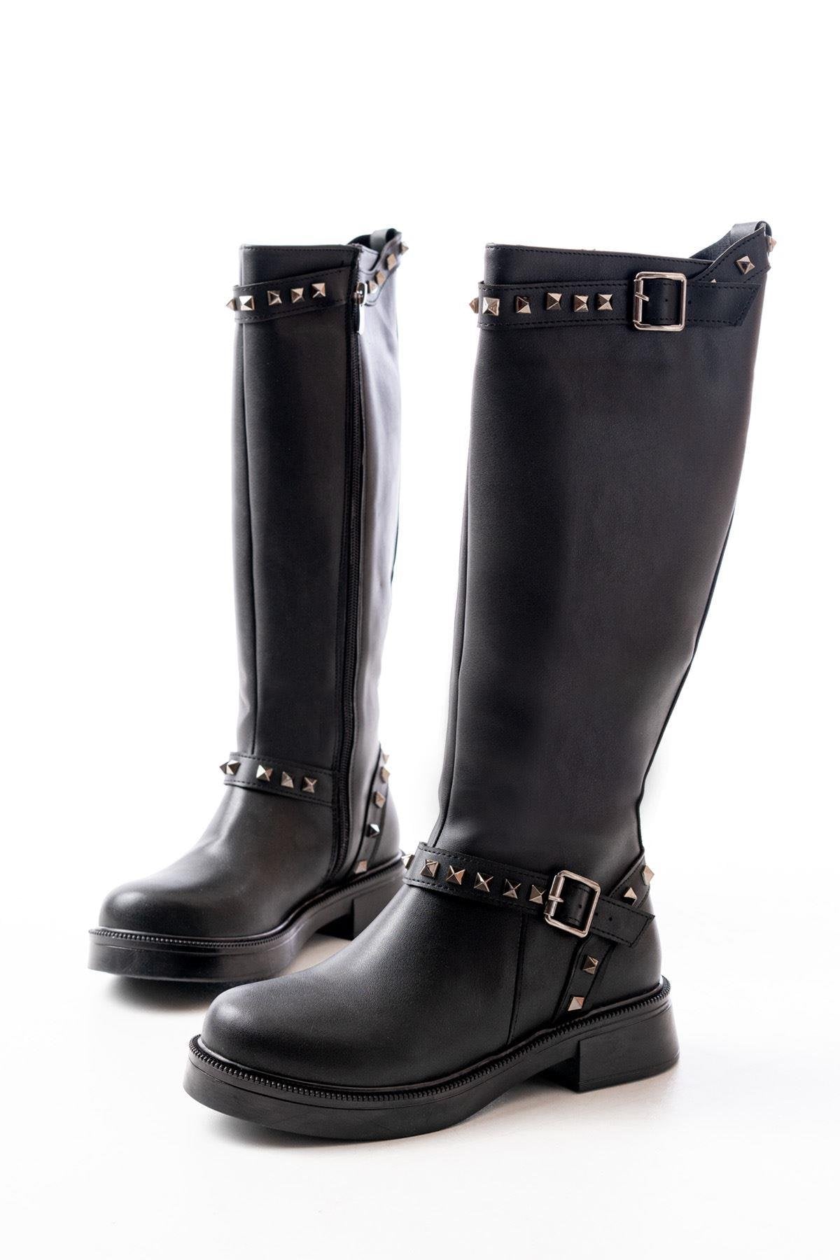 Black Leather Flat Heeled Daily Women's Riding Boots