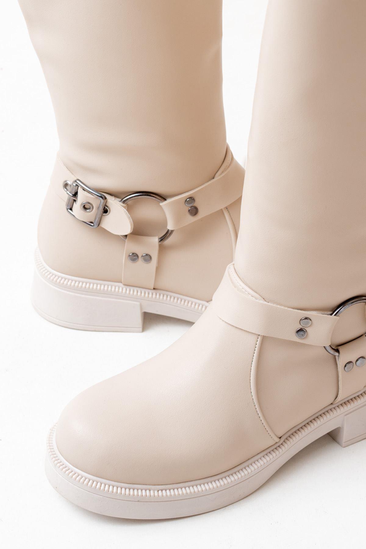 Beige Buckle Accessory Zippered Daily Women's Boots