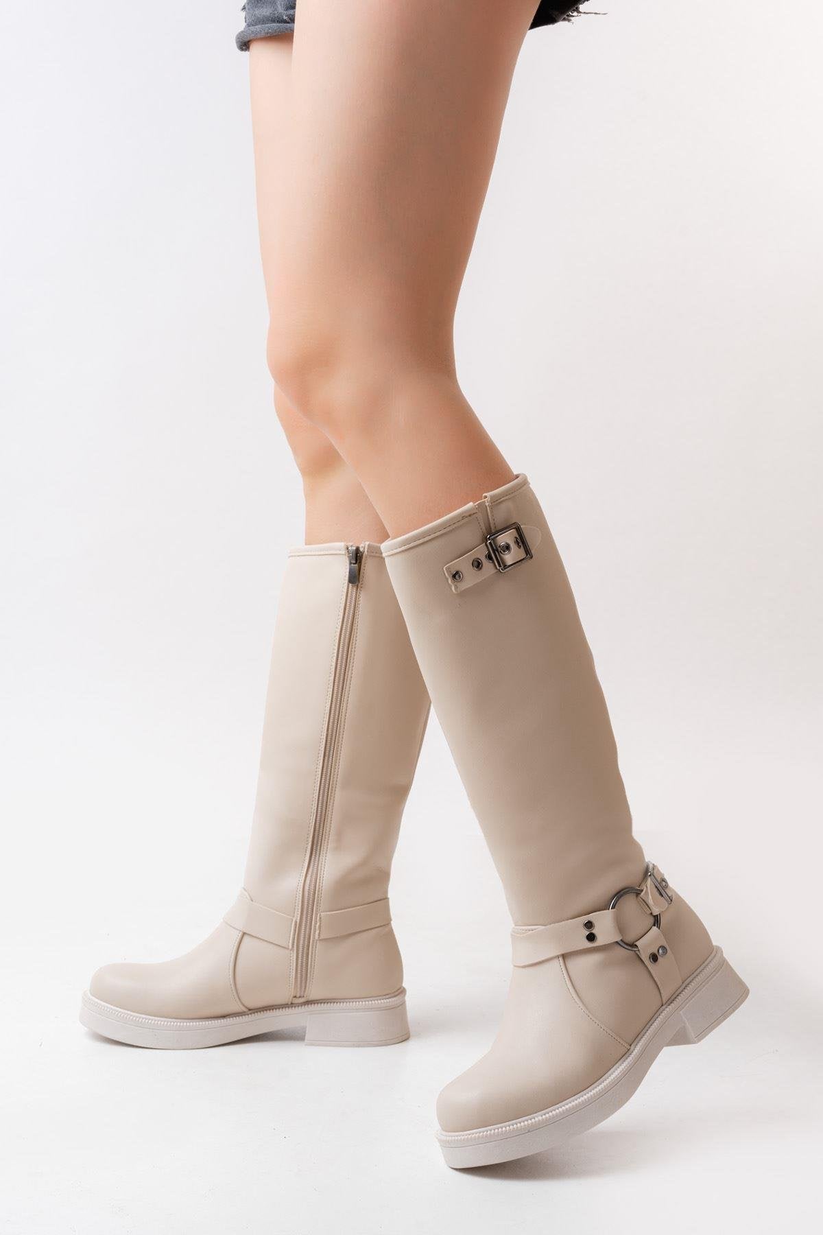 Beige Buckle Accessory Zippered Daily Women's Boots