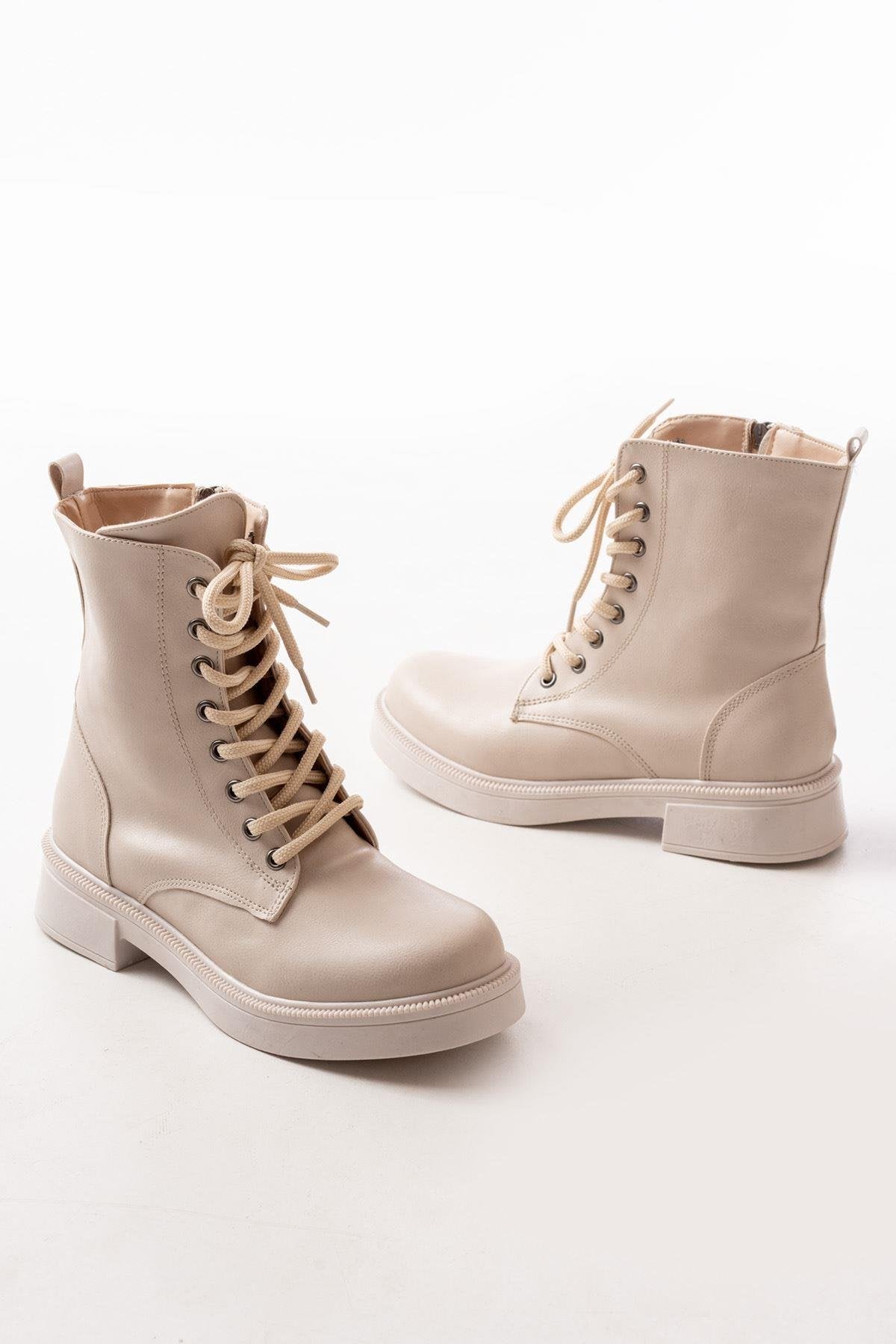 Beige Leather Flat Heeled Lace Up Zippered Daily Women's Boots