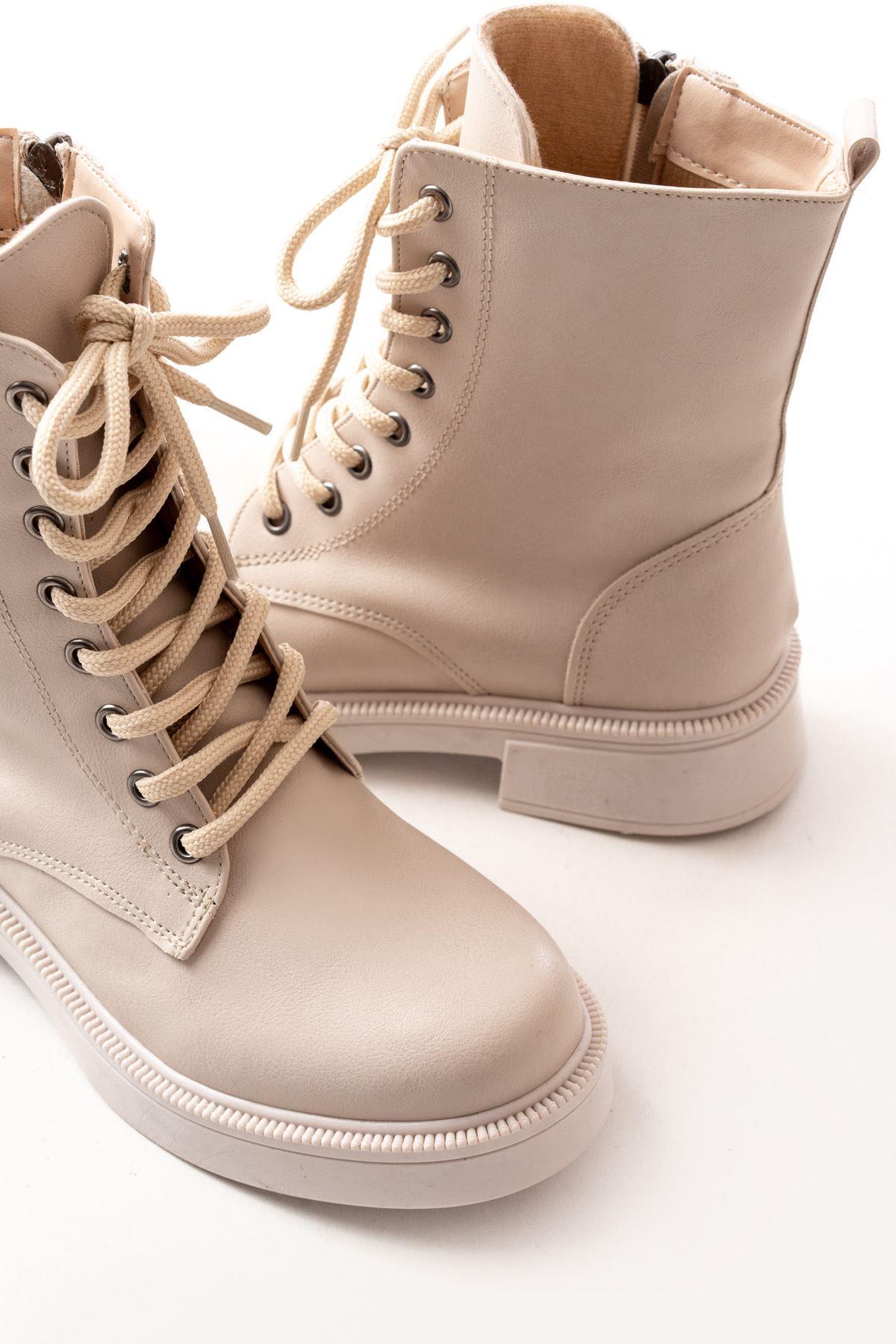 Beige Leather Flat Heeled Lace Up Zippered Daily Women's Boots