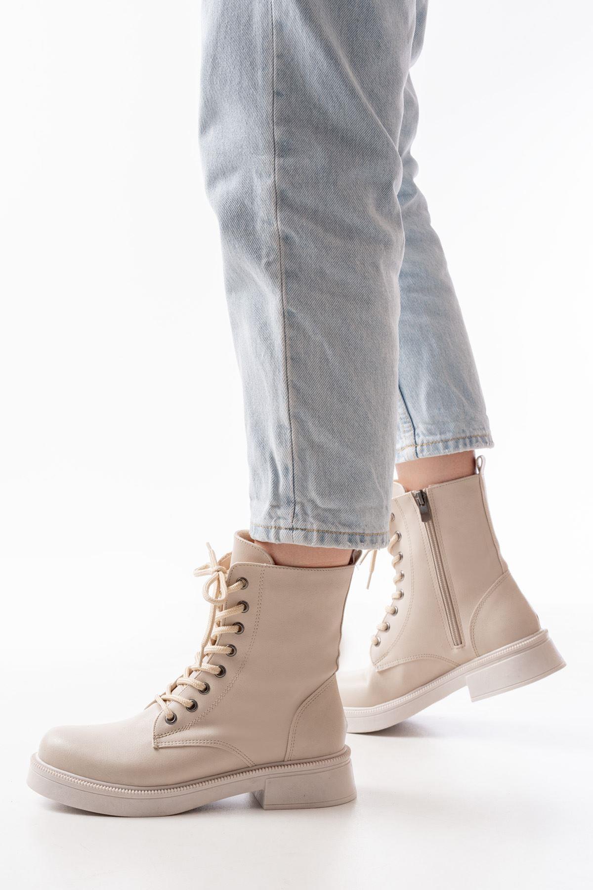 Beige Leather Flat Heeled Lace Up Zippered Daily Women's Boots