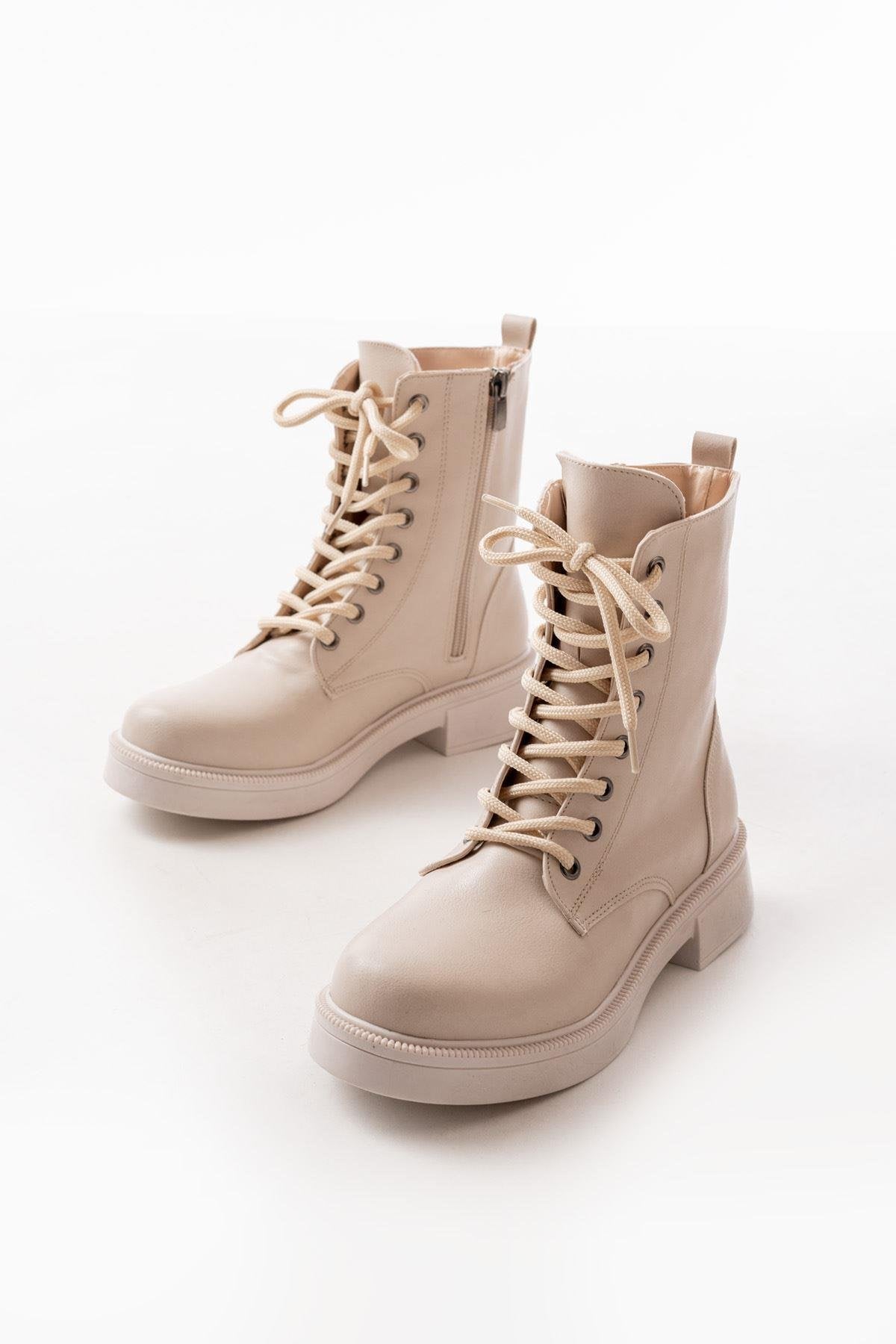 Beige Leather Flat Heeled Lace Up Zippered Daily Women's Boots