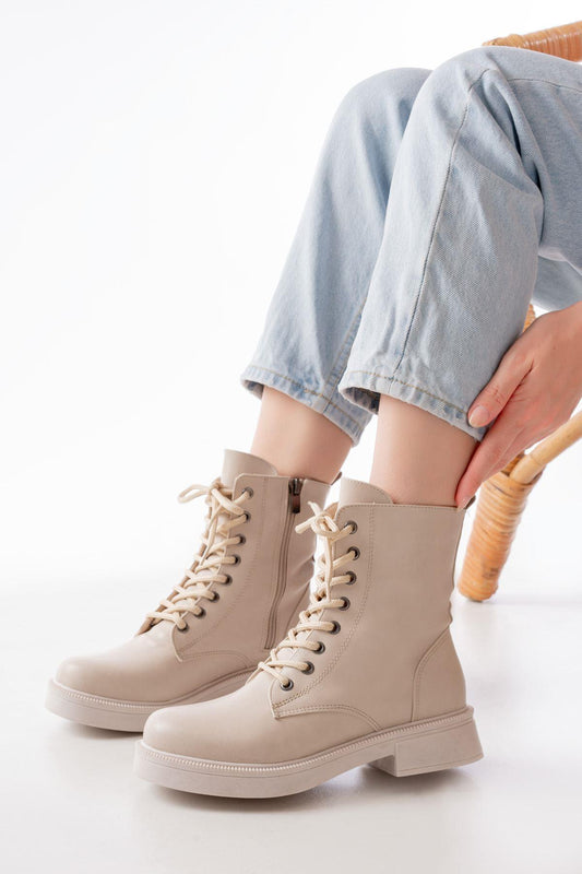 Beige Leather Flat Heeled Lace Up Zippered Daily Women's Boots