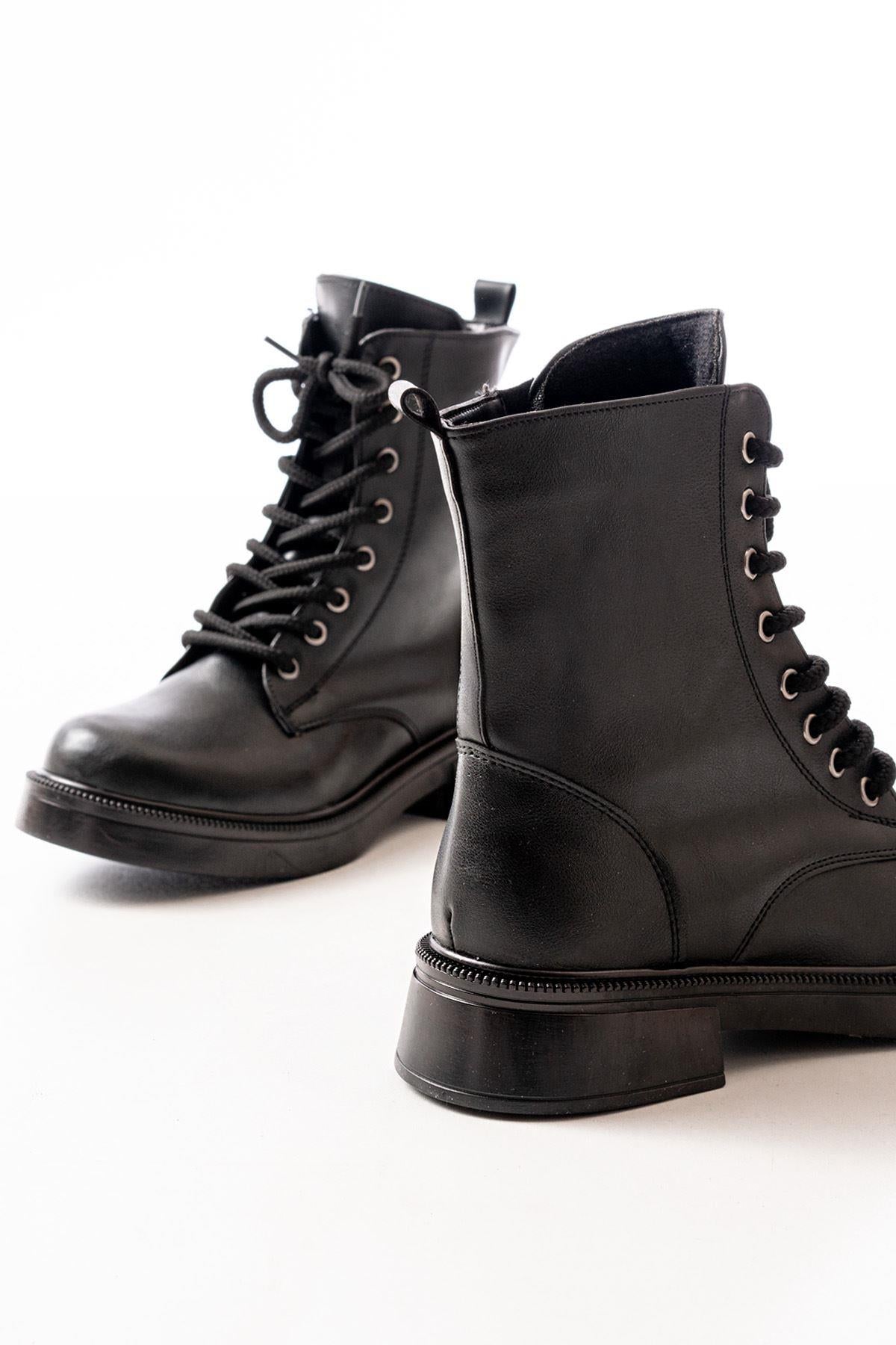 Black Leather Flat Heeled Lace Up Zippered Daily Women's Boots