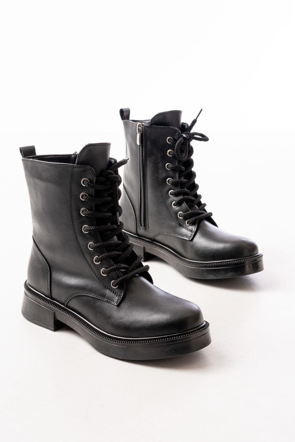 Black Leather Flat Heeled Lace Up Zippered Daily Women's Boots