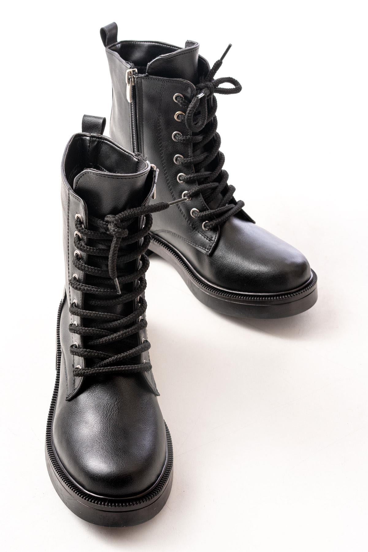 Black Leather Flat Heeled Lace Up Zippered Daily Women's Boots