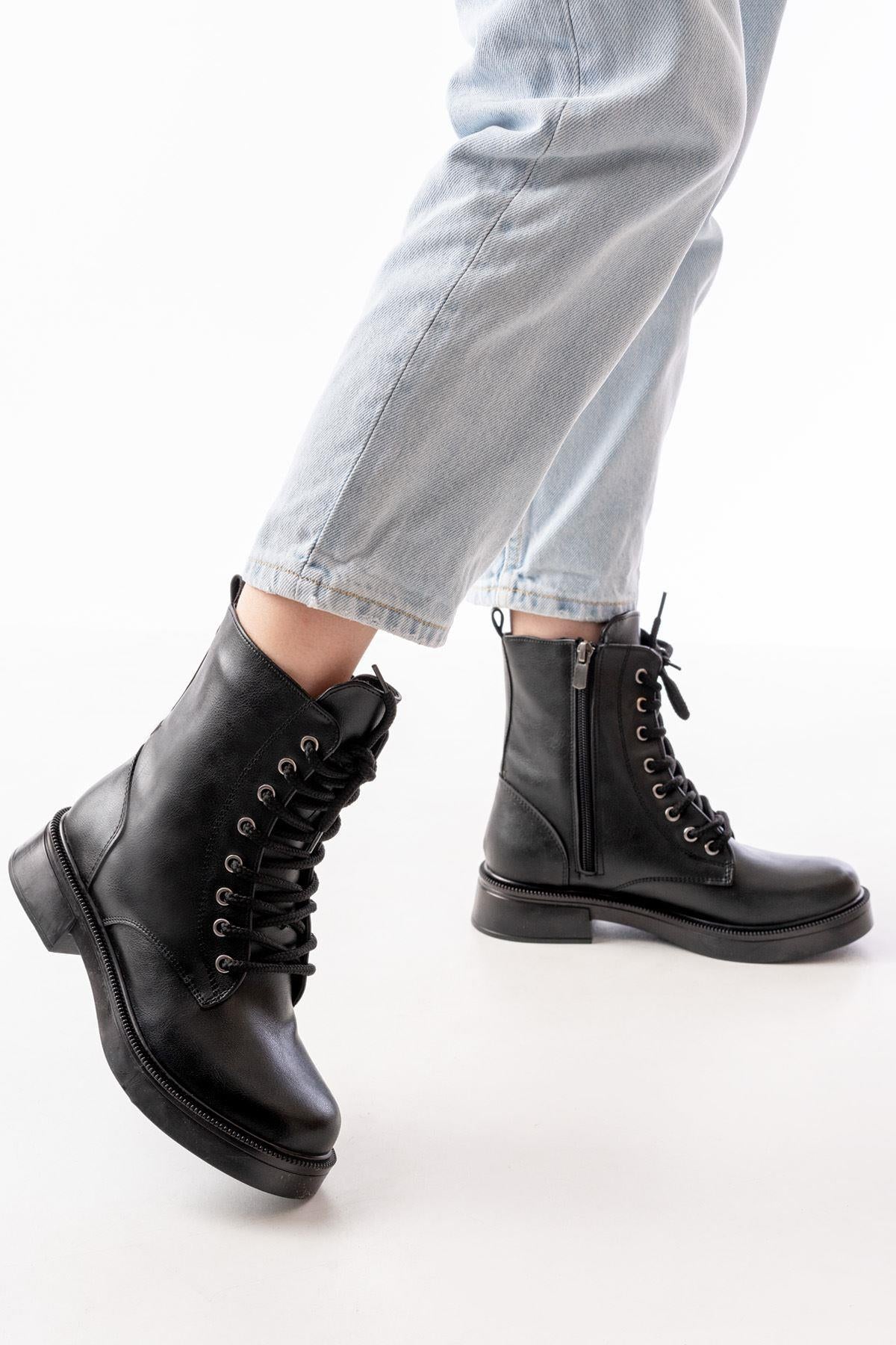 Black Leather Flat Heeled Lace Up Zippered Daily Women's Boots