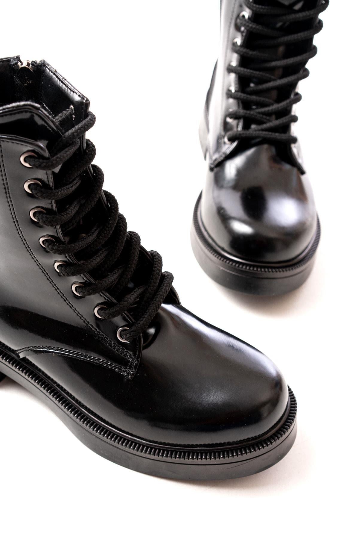 Black Patent Leather Flat Heeled Lace Up Zippered Daily Women's Boots