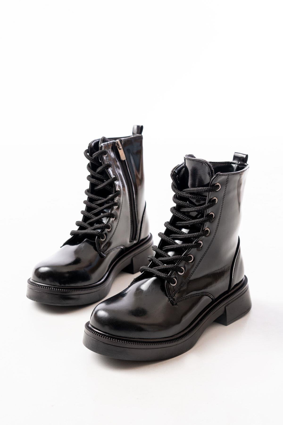 Black Patent Leather Flat Heeled Lace Up Zippered Daily Women's Boots