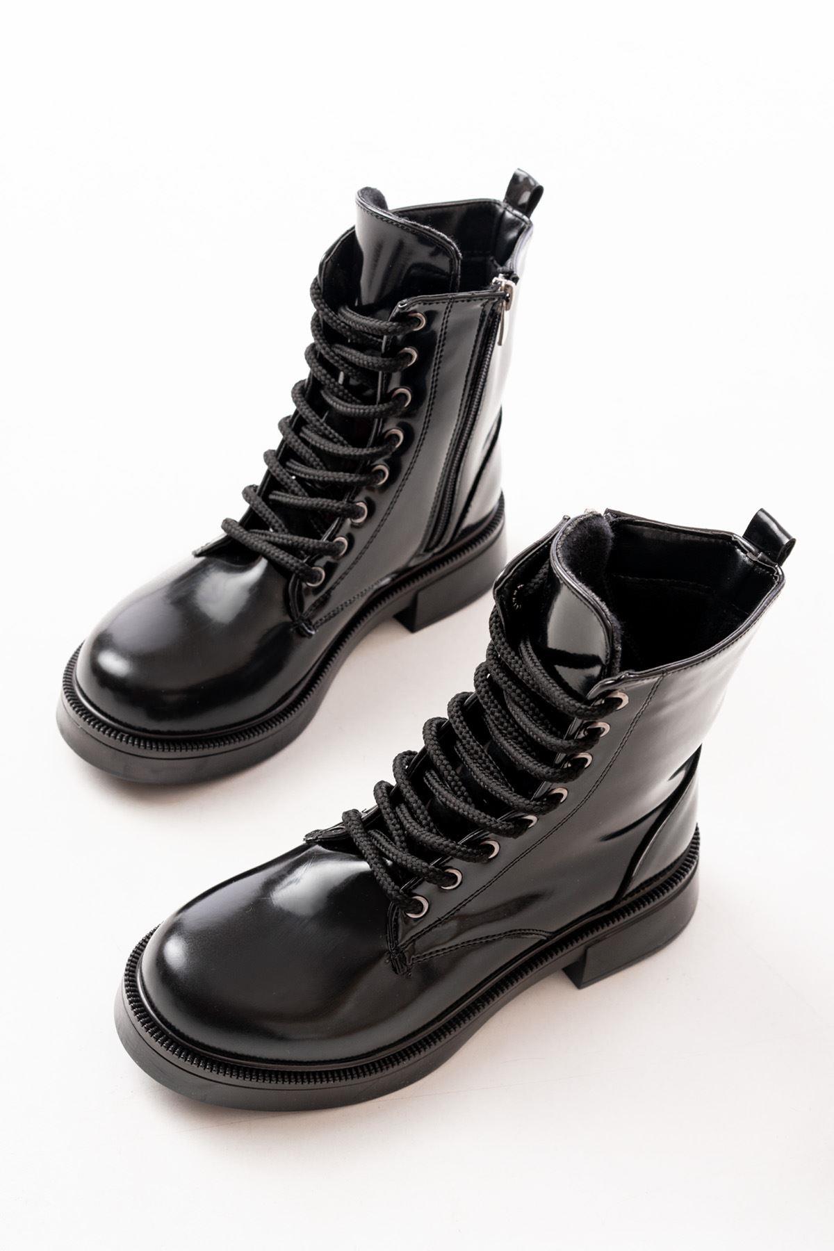 Black Patent Leather Flat Heeled Lace Up Zippered Daily Women's Boots