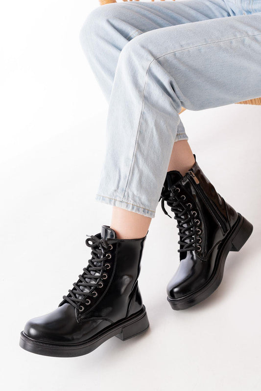 Black Patent Leather Flat Heeled Lace Up Zippered Daily Women's Boots