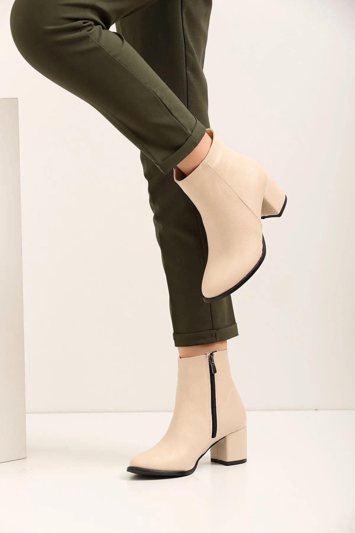 Women's Beige Leather Heeled Short Boots