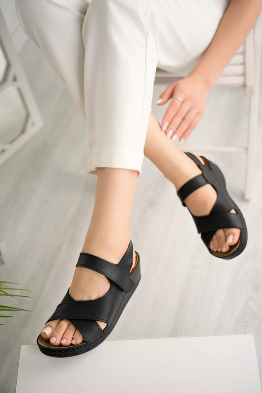 Black Anatomical Orthopedic Comfort Sole Single Strap Daily Women's Sandal Slippers