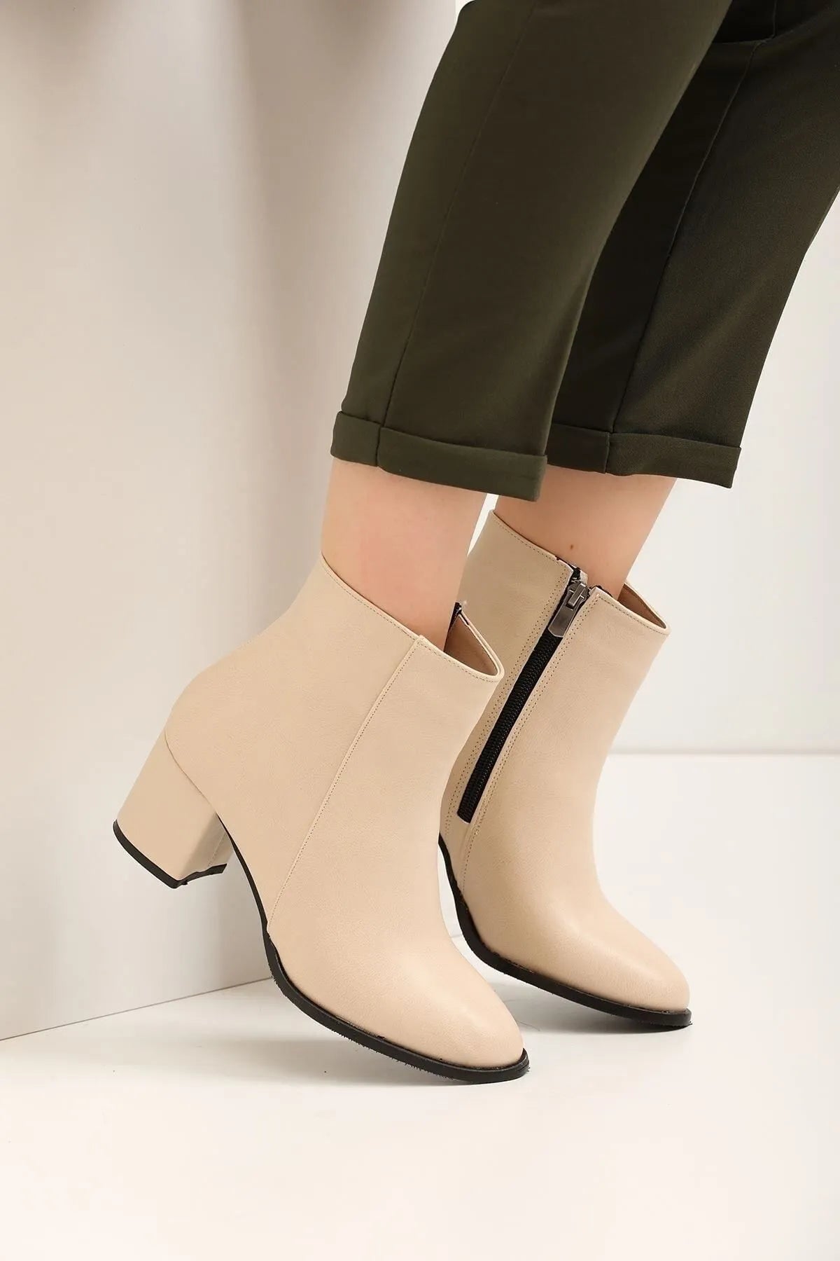 Women's Beige Leather Heeled Short Boots