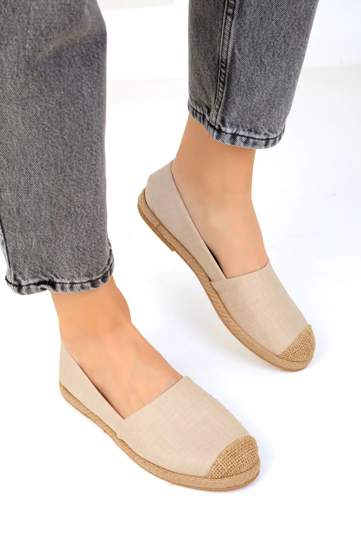 Beige Denim Women's Straw Detail Flat Shoes