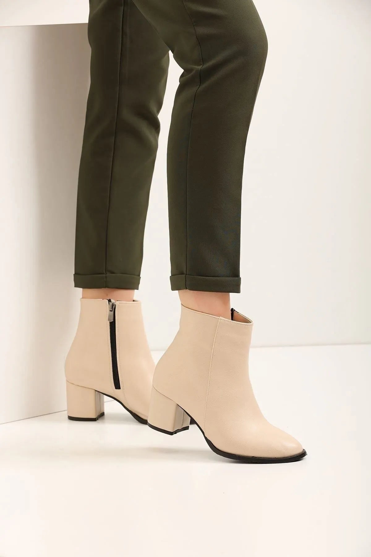 Women's Beige Leather Heeled Short Boots