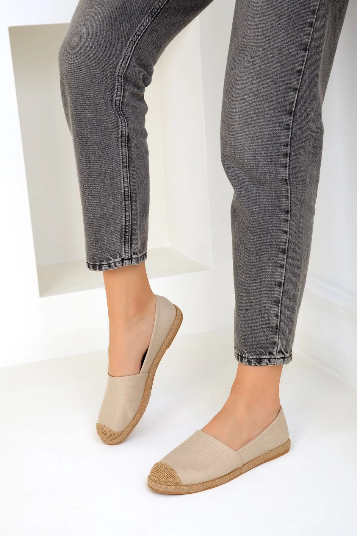 Beige Denim Women's Straw Detail Flat Shoes