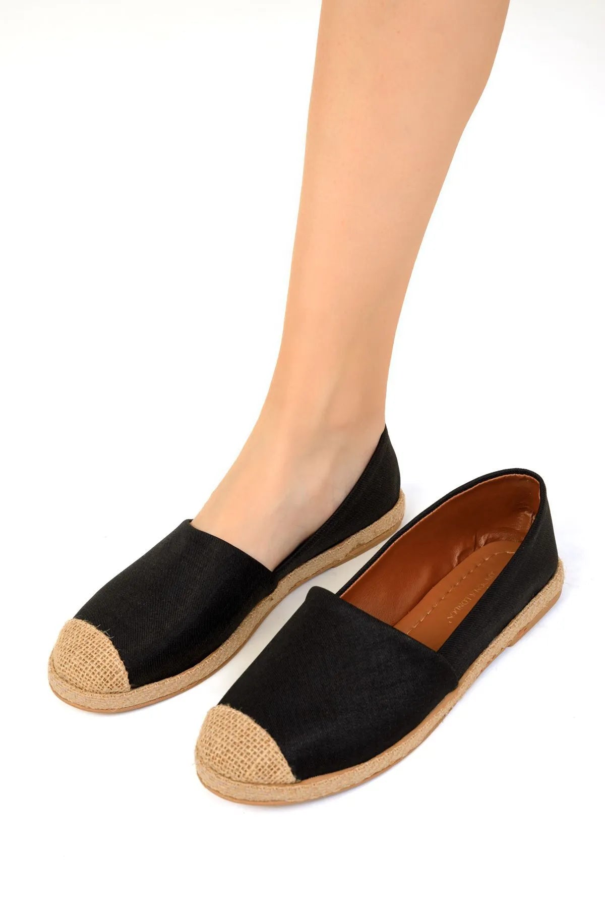 Black Denim Women's Straw Detail Flat Shoes