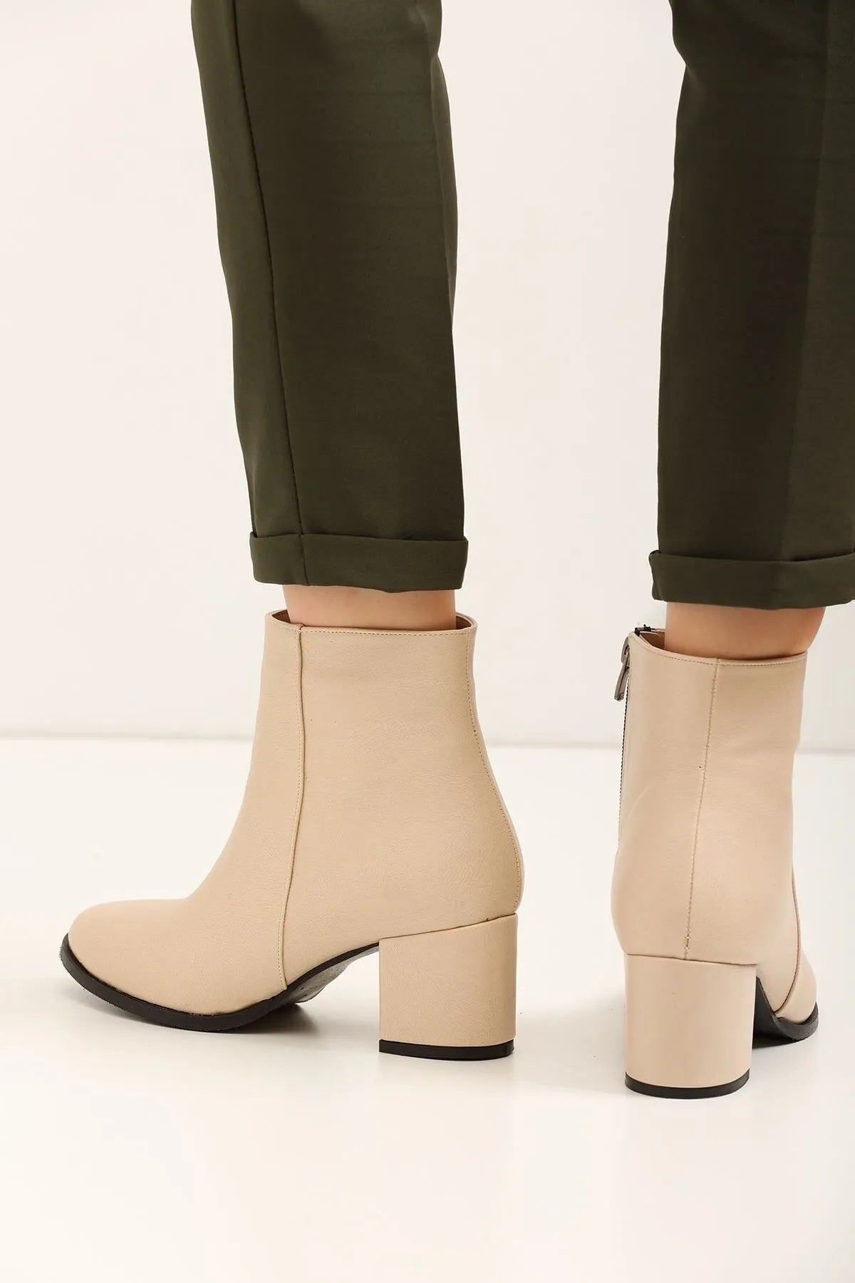 Women's Beige Leather Heeled Short Boots