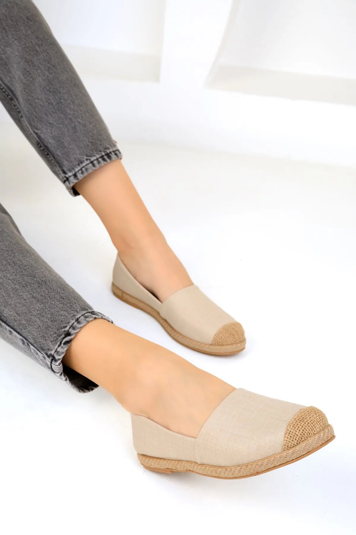 Beige Denim Women's Straw Detail Flat Shoes