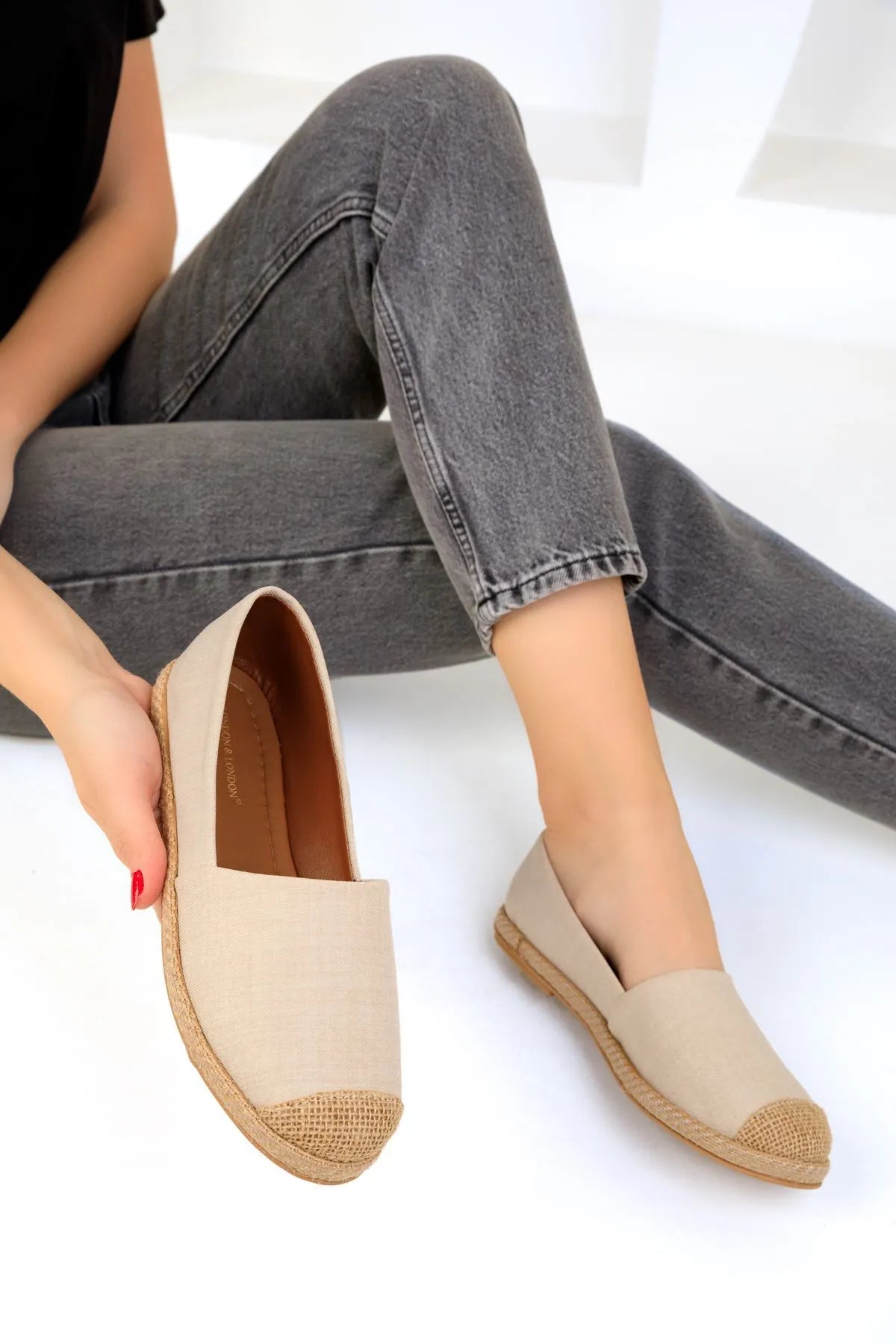 Beige Denim Women's Straw Detail Flat Shoes