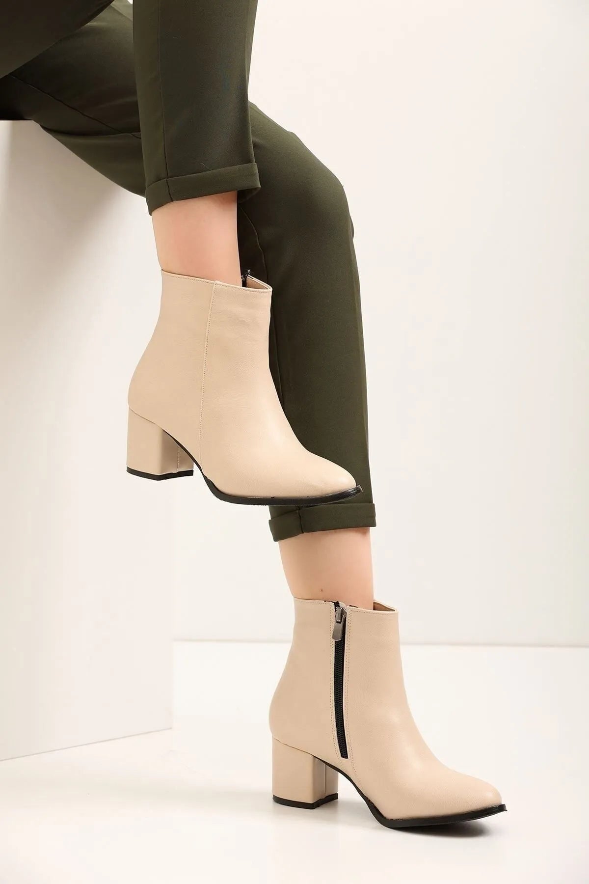 Women's Beige Leather Heeled Short Boots