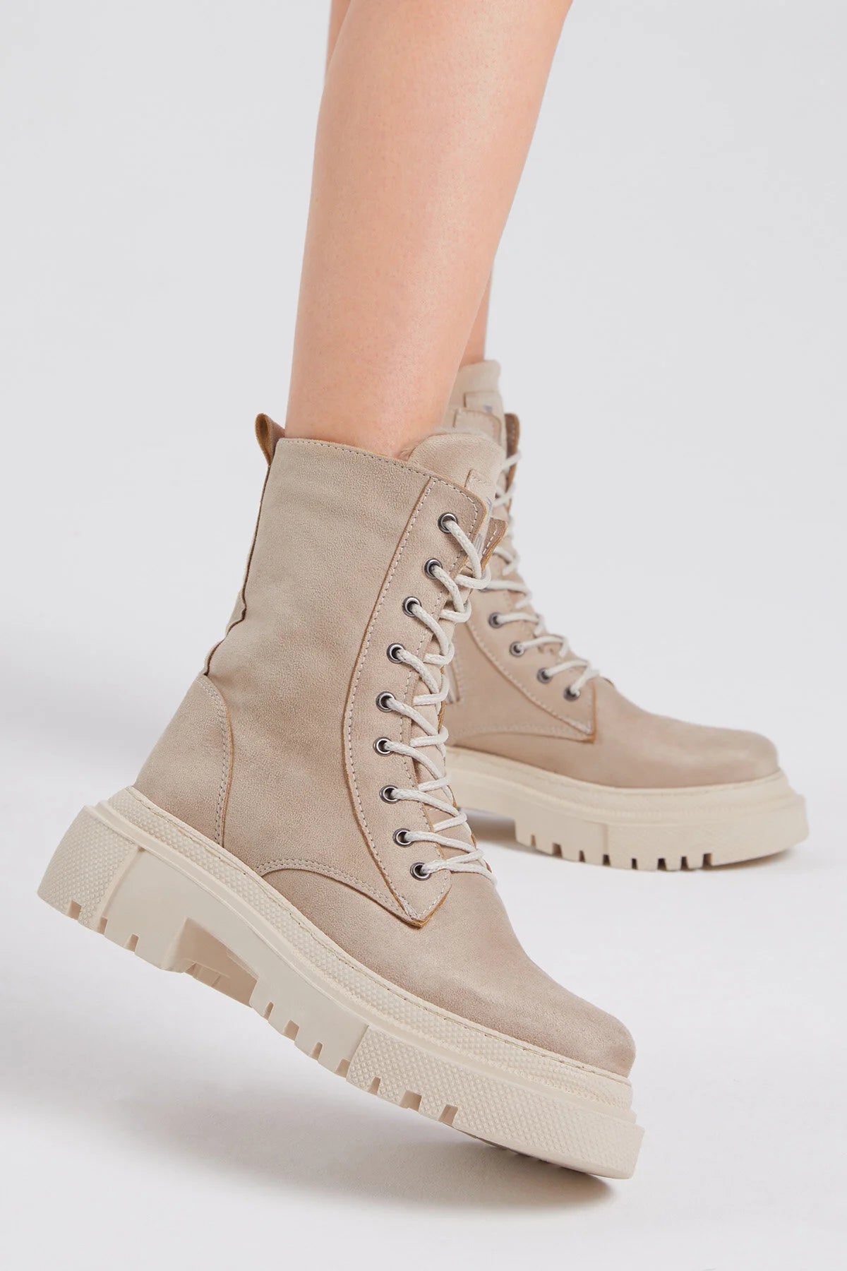 Women's Cream Suede Comfortable Lace-Up Long Boots