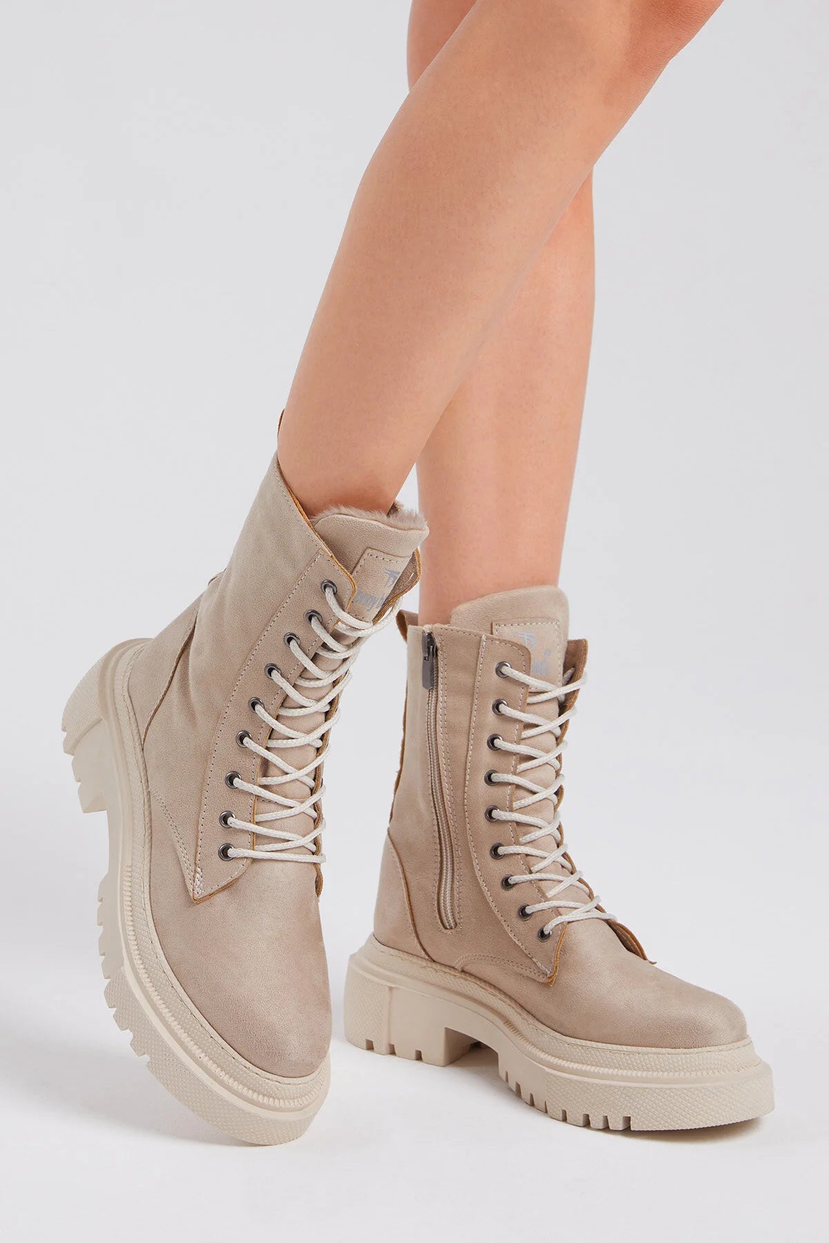 Women's Cream Suede Comfortable Lace-Up Long Boots