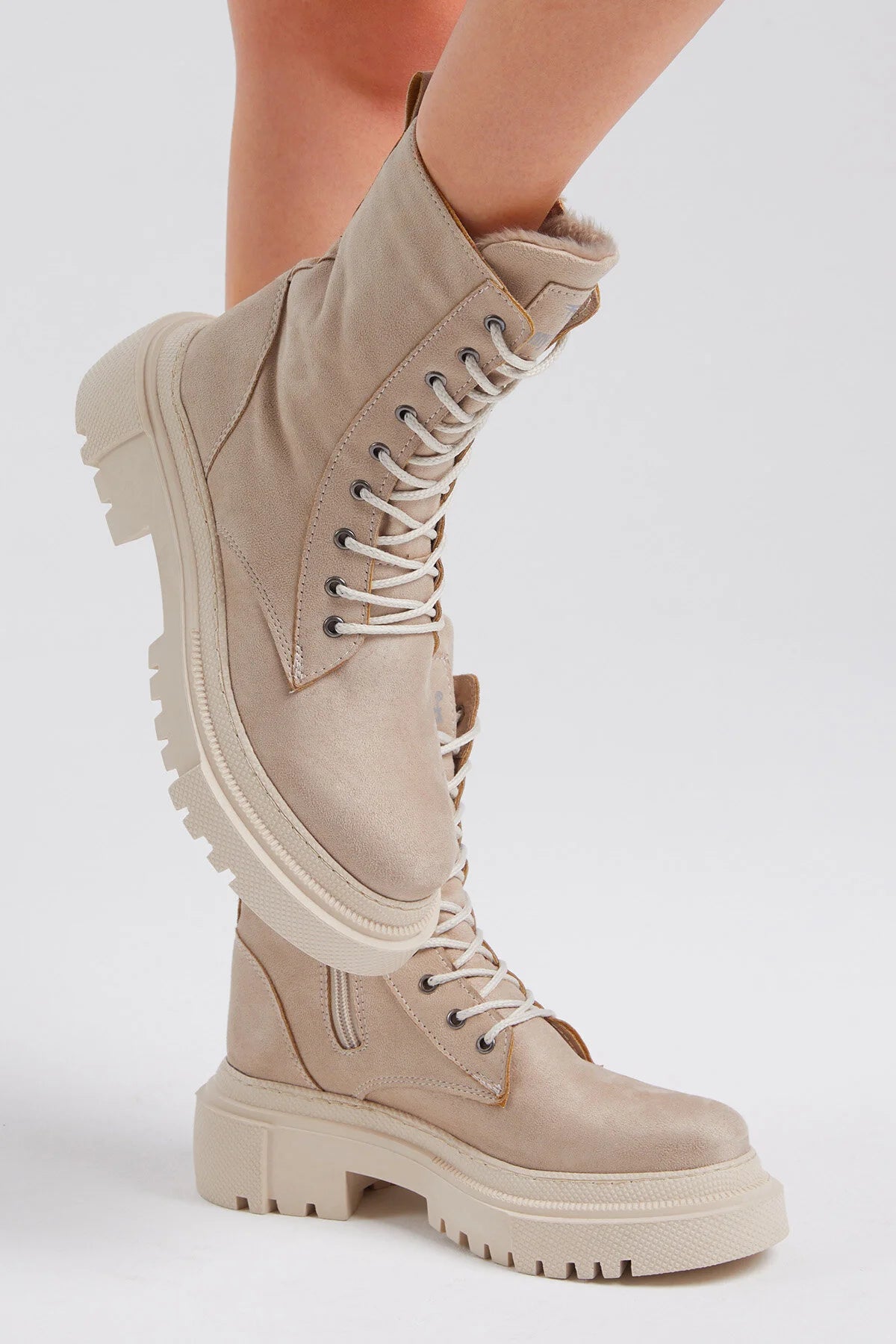 Women's Cream Suede Comfortable Lace-Up Long Boots