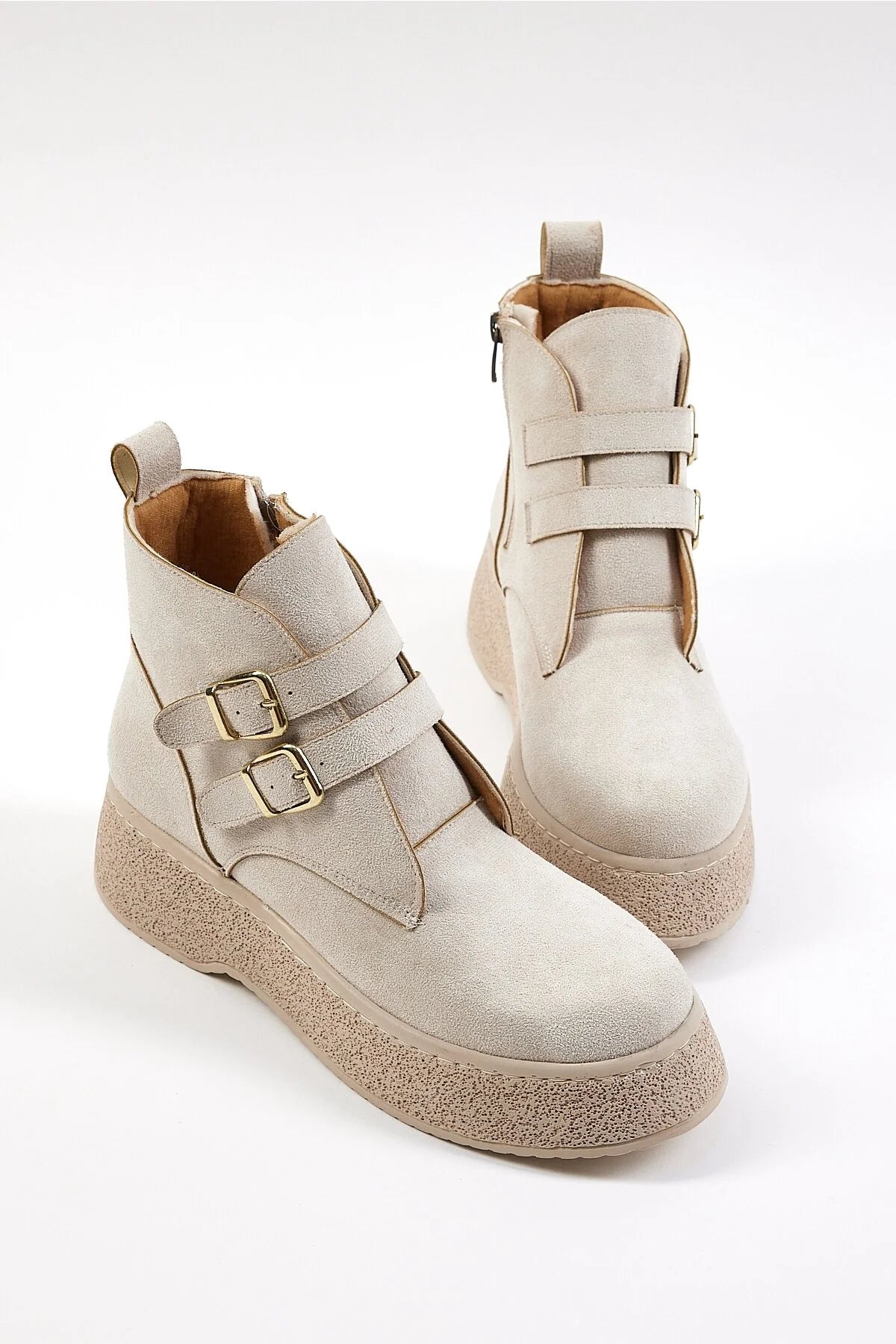 Women's Beige Suede Women's Comfortable Mold Detailed Boots