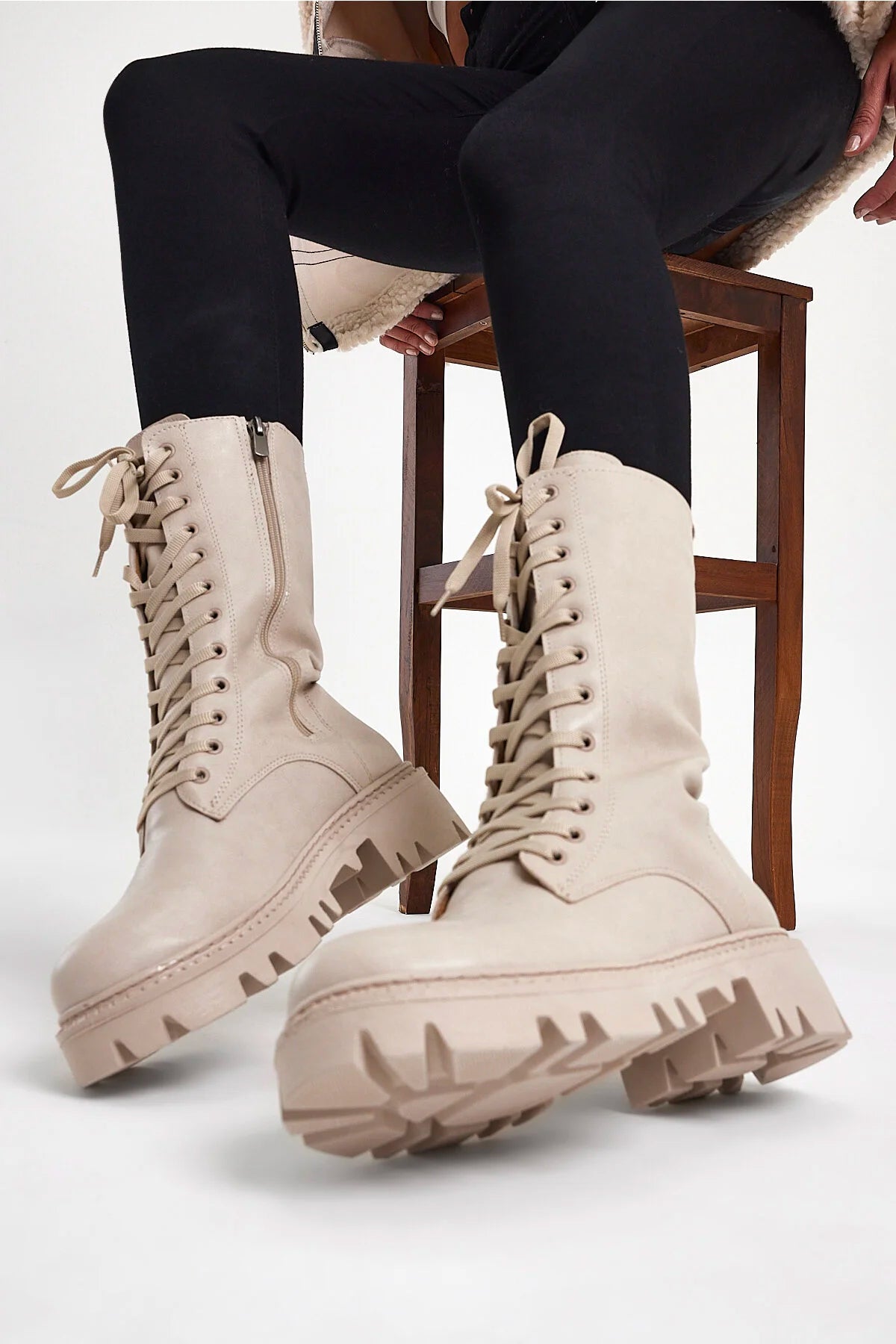 Women's Beige Leather Comfort Lace Up Sock Boots