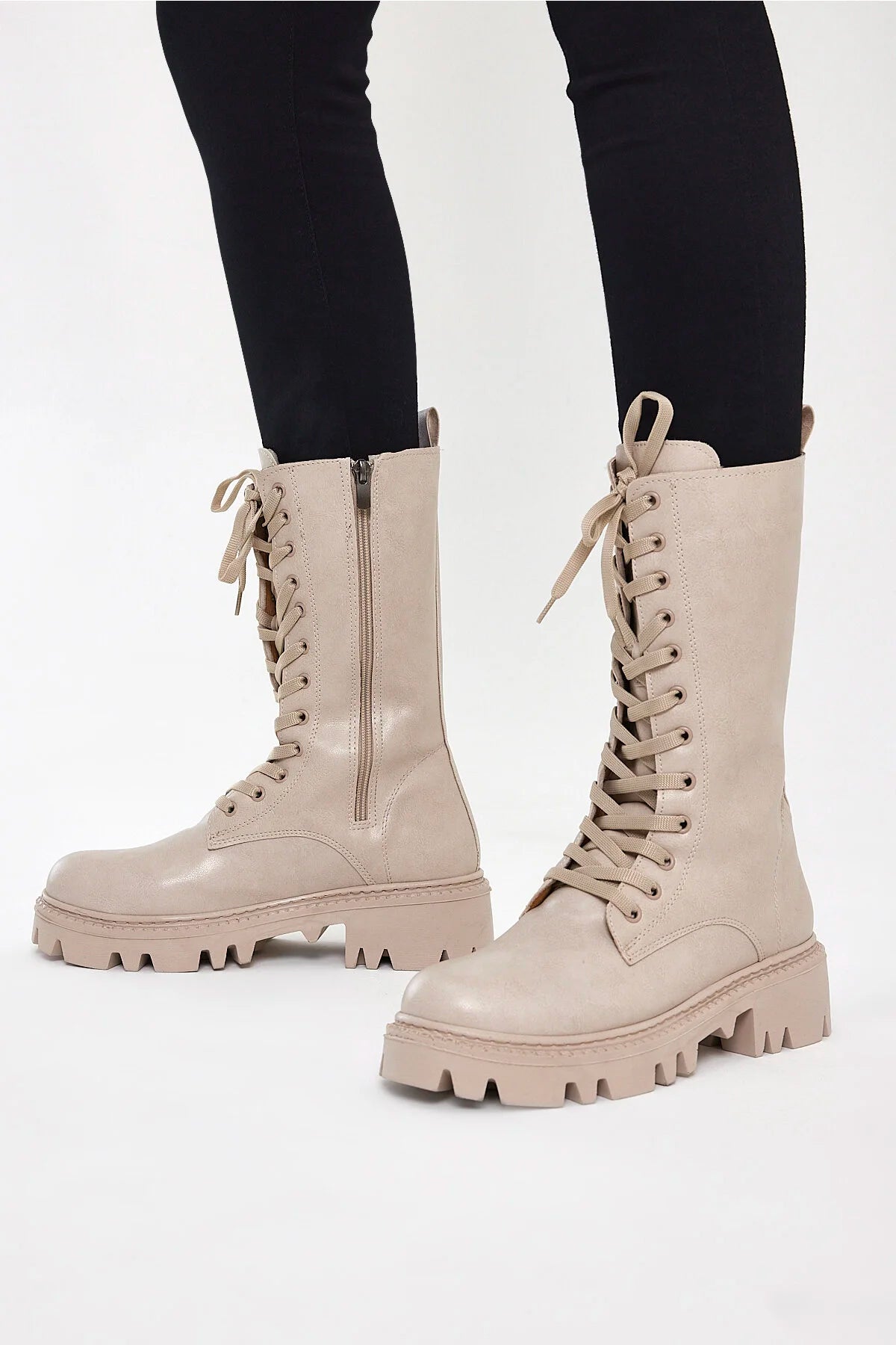 Women's Beige Leather Comfort Lace Up Sock Boots