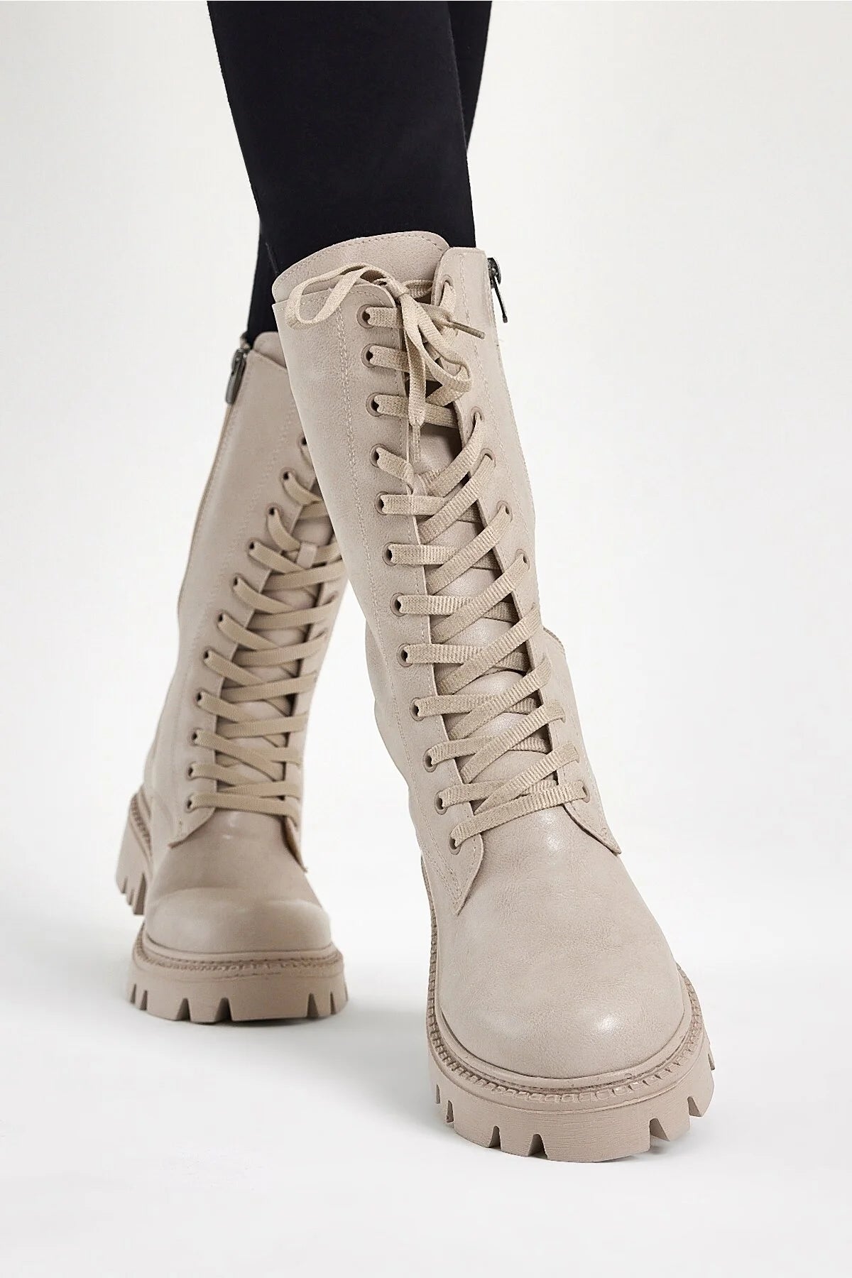 Women's Beige Leather Comfort Lace Up Sock Boots