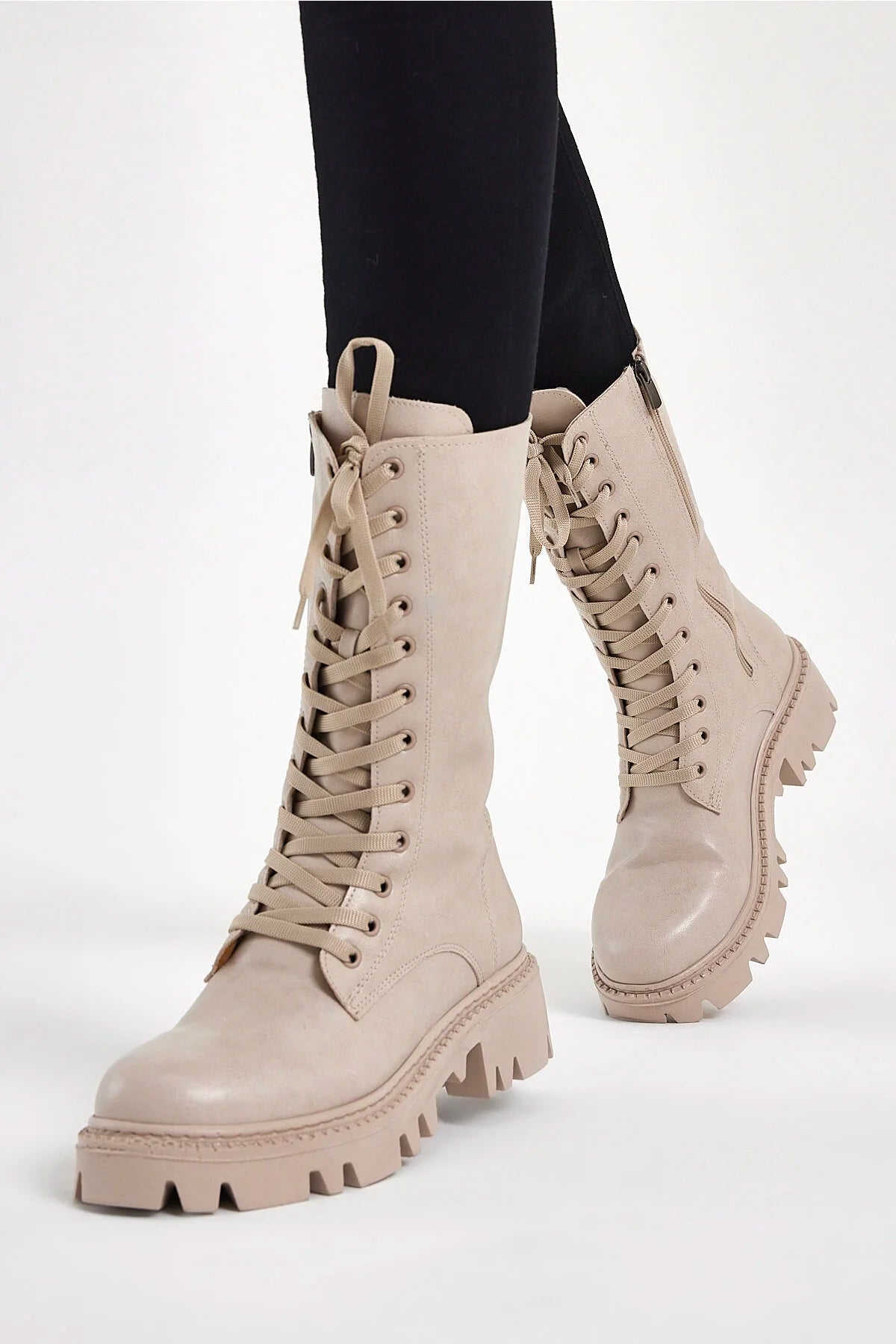 Women's Beige Leather Comfort Lace Up Sock Boots