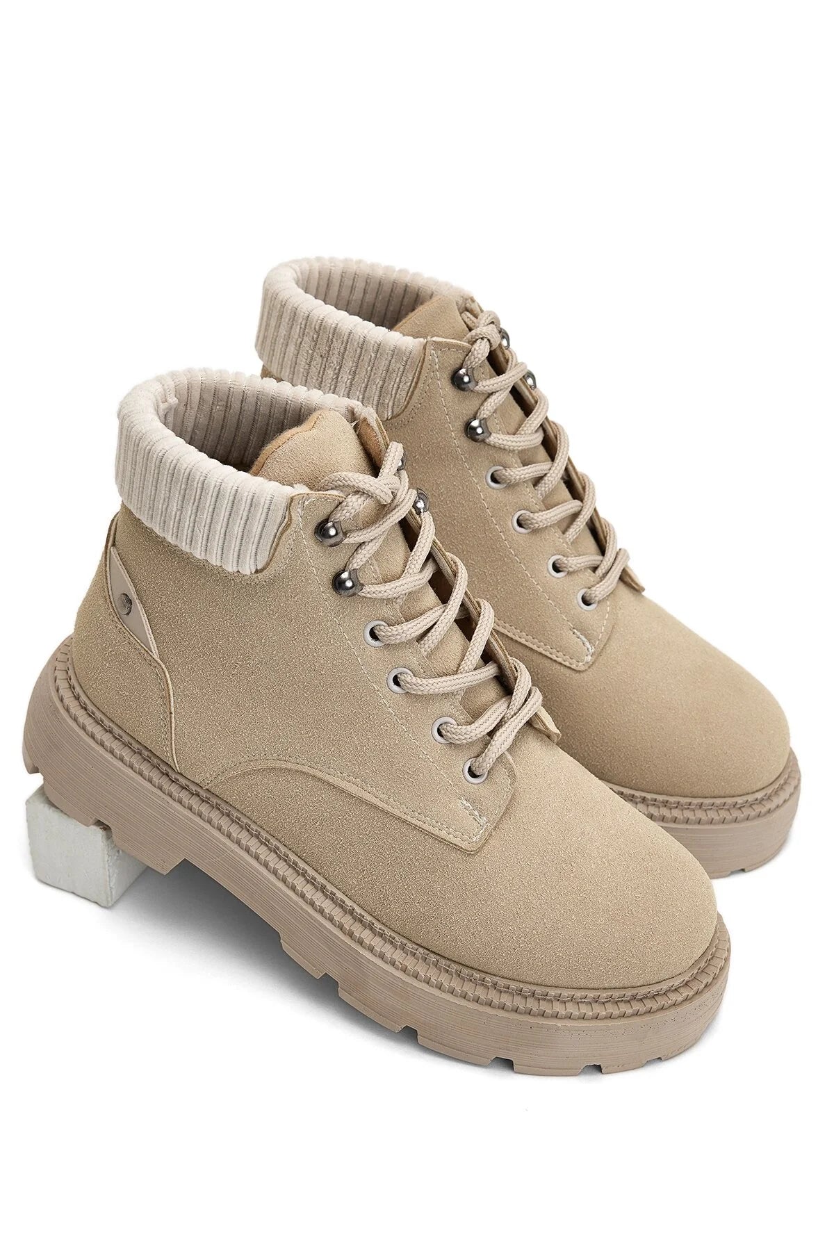 Beige Suede Women's Comfortable Short Lace-Up Boots