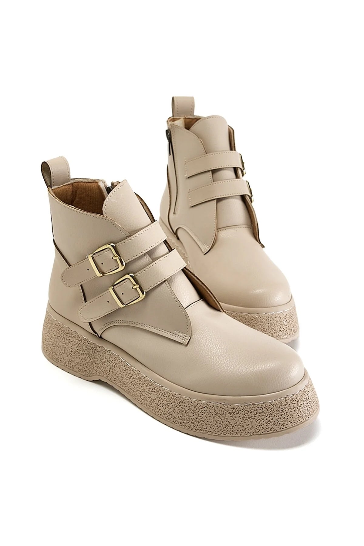 Women's Beige Leather Women's Comfortable Mold Detailed Boots