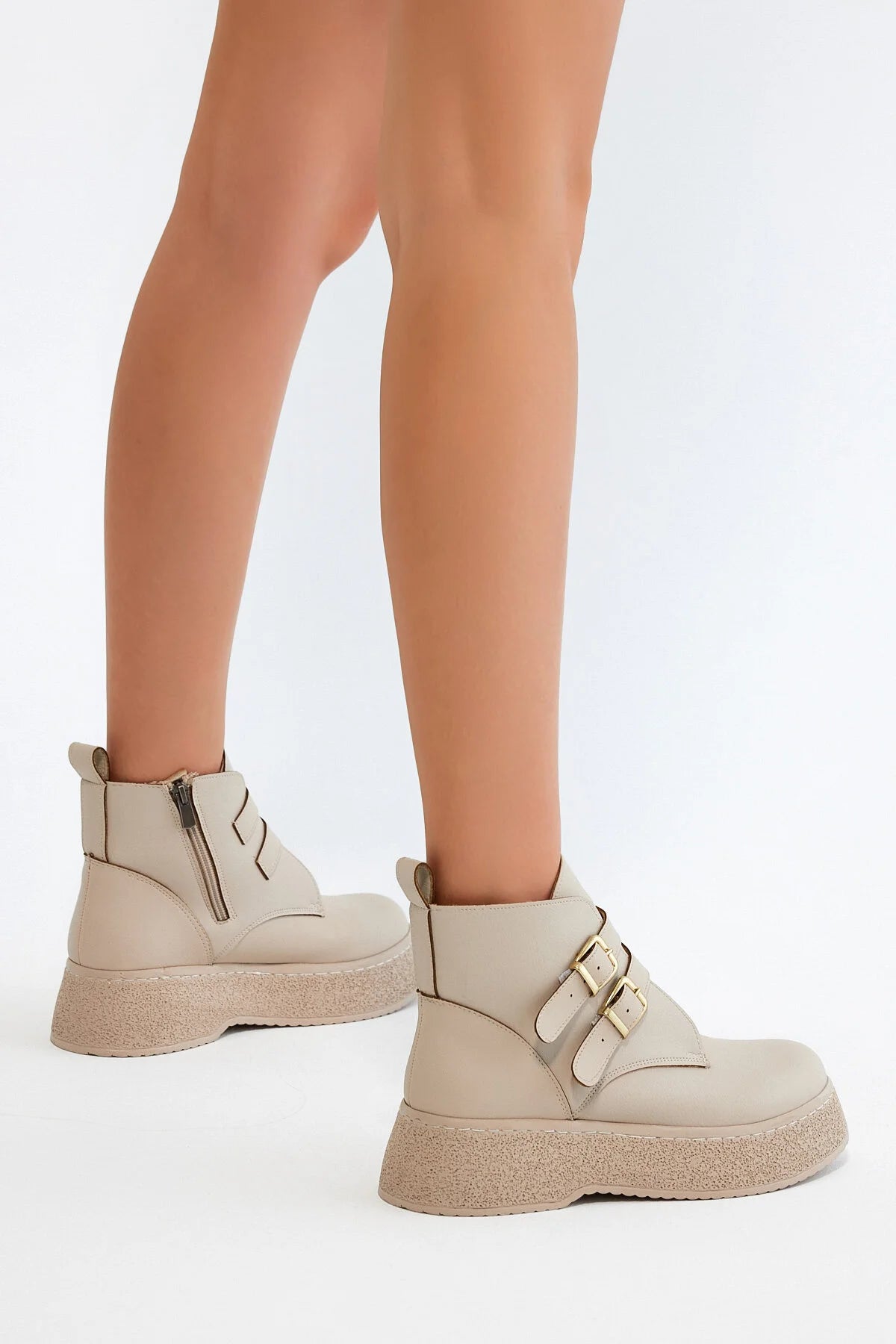 Women's Beige Leather Women's Comfortable Mold Detailed Boots